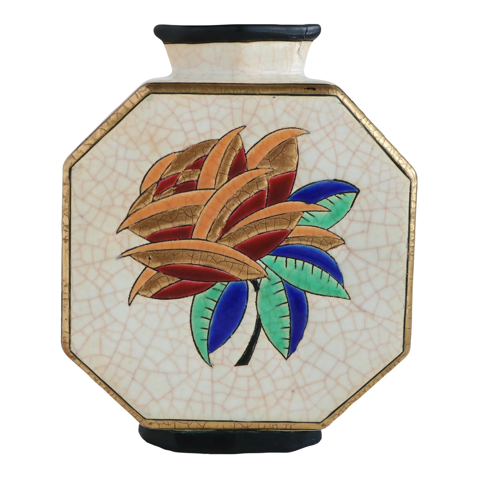 Longwy France Art Deco Rose Octagonal Vase: Circa 1930's vase from Emaux de Longwy, France. This octagon-shaped vessel features a polychrome floral motif on both sides with a large bloom on the front and a smaller on its back. The blooming rose
