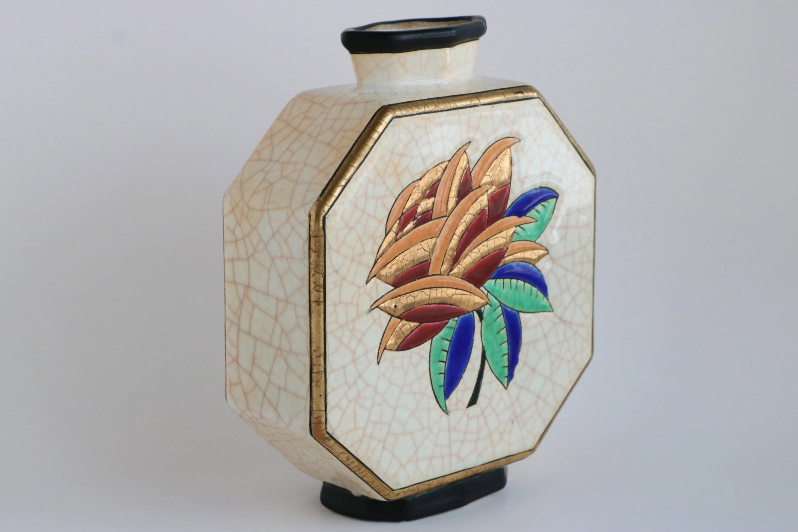 Longwy France Art Deco Rose Octagonal Vase - 2