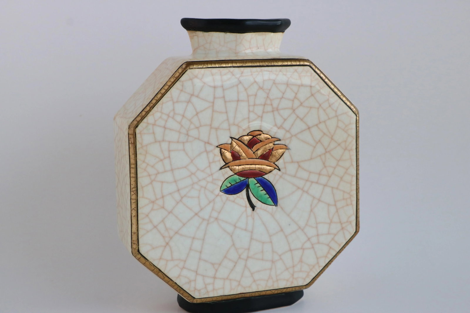 Longwy France Art Deco Rose Octagonal Vase - 5