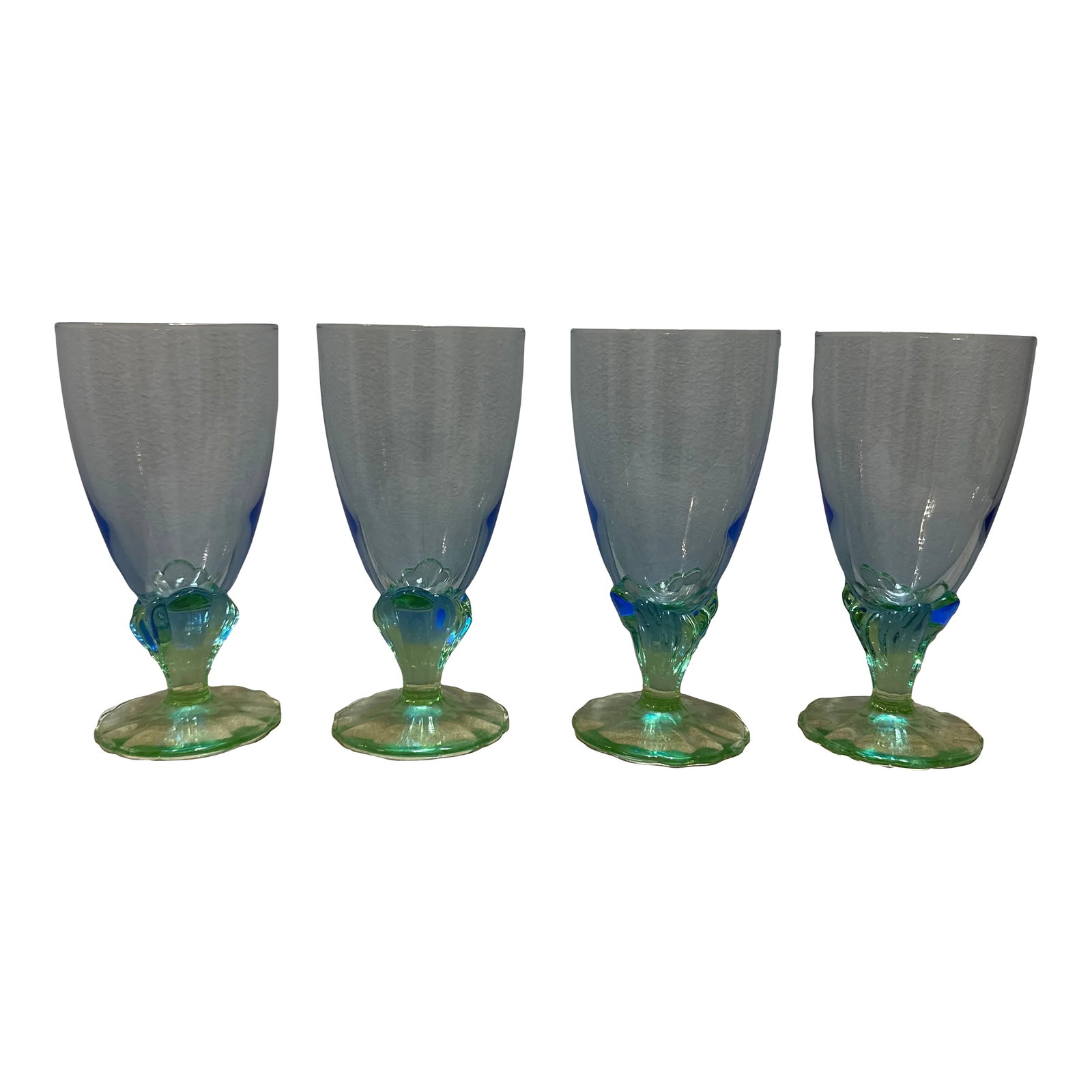 1960s Bormioli Rocco Bahia Blue & Green Footed Goblets- Set of 4: Bormioli Rocco Bahia Drinking Glass 6" Footed Blue Green Goblet Set Of 4. These are absolutely beautiful!! The color & detail are amazing! One glass has a tiny chip on the rim, almost appears as a