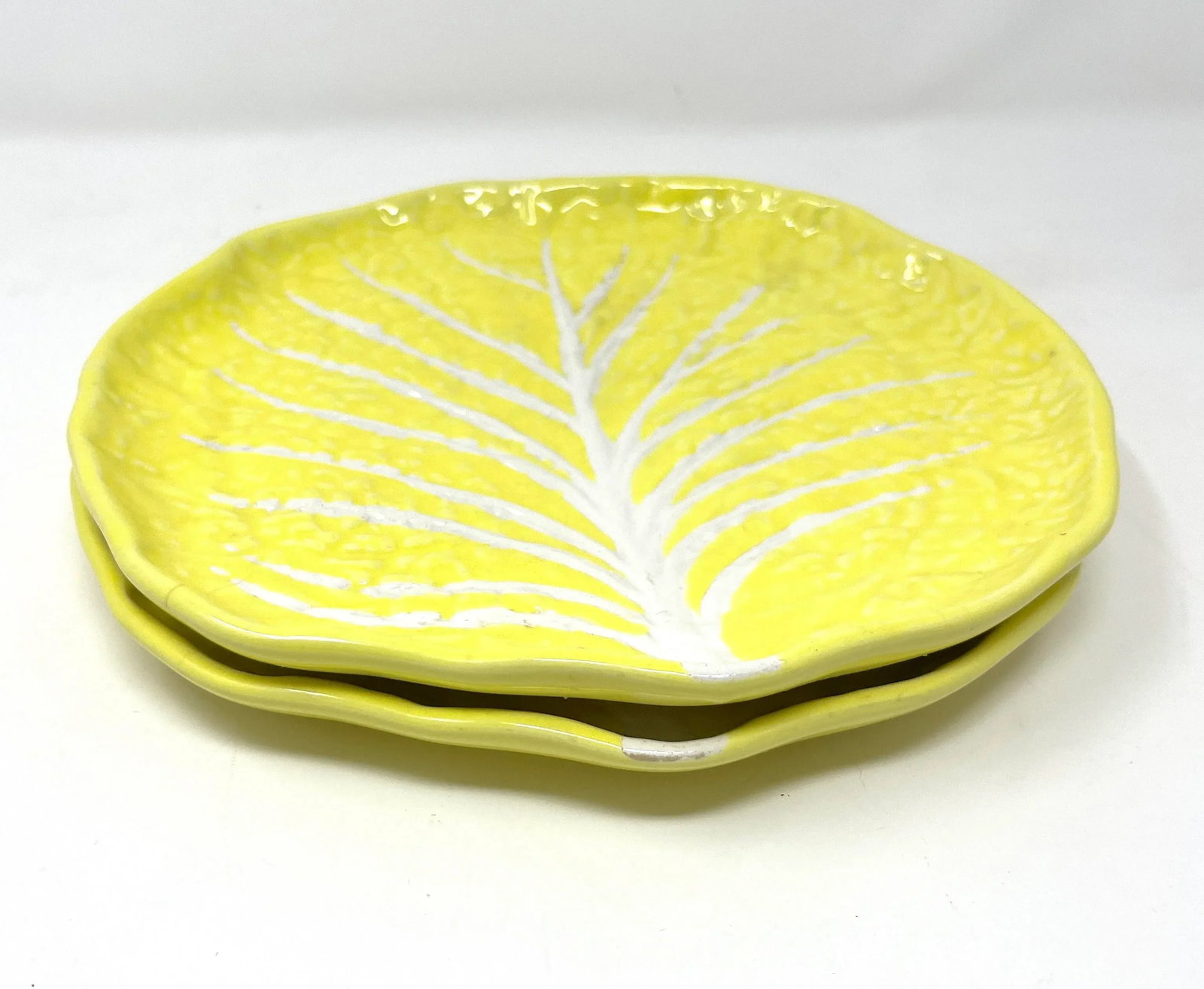 1950s Vintage Portuguese Secla Yellow Majolica Lettuce Leaf Lunch Plates- a Pair - 8