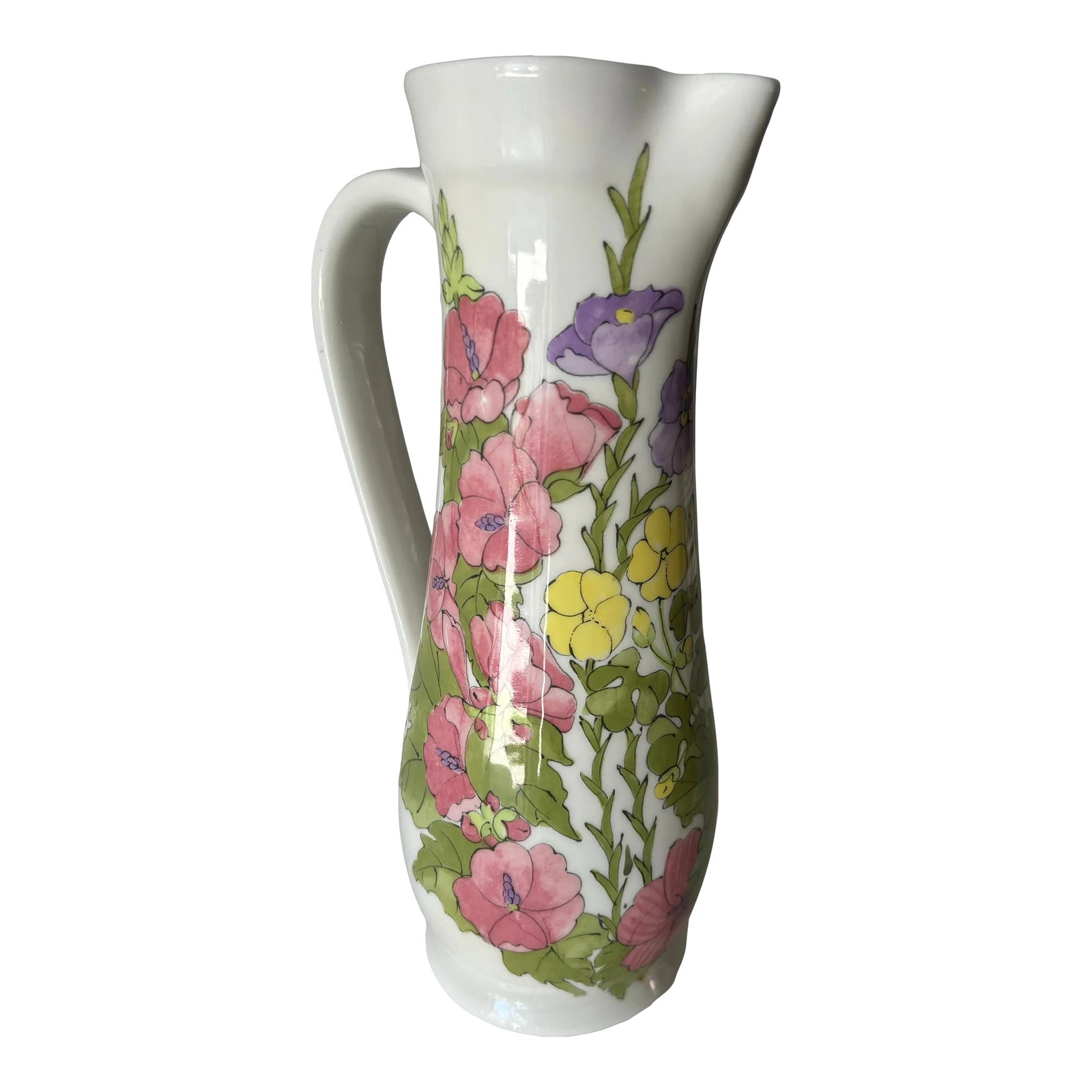 Mid Century Ceramic Floral Ernestine Pitcher: Beatifully handpainted Ernestine pitcher. Pink, yellow, and lavender flowers with green leaves adorn the circumference on an ivory background. Marked Ernestine, Salerno Italy numbered. Ernestine