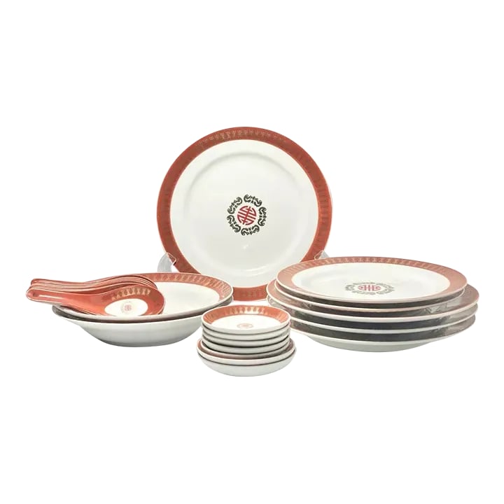 1970s Datang Tatung 25-Piece Porcelain Dinnerware Set: Datang Tatung 25-Piece Porcelain Dinnerware Set No chips, cracks, or fleabites. Set Includes 10 Chinese Spoons 5 1/2" 5 Butter Pats 3 1/2" 4 Dinner Plates 9 3/8" 2 Soup Bowls 8" 2 Salad Plates 8 1/4"