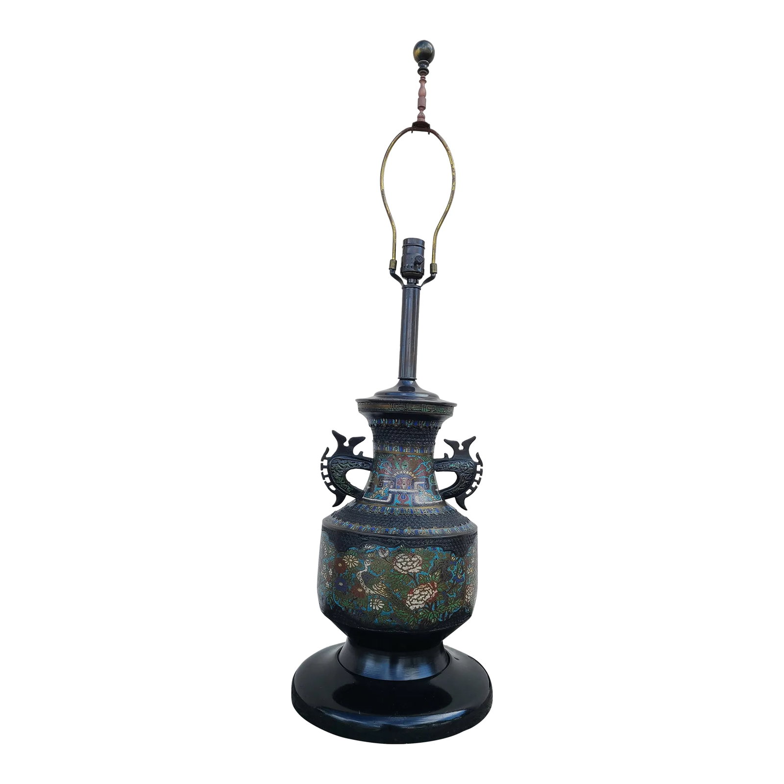 Vintage Japanese Champleve Bird and Flower Motif Two Handled Urn Style Table Lamp: A gorgeous vintage Japanese Champleve table lamp in a two handled urn form, featuring colorful enamel images of long-tailed birds nestled among flowers. Mounted on a black painted wood base with origi