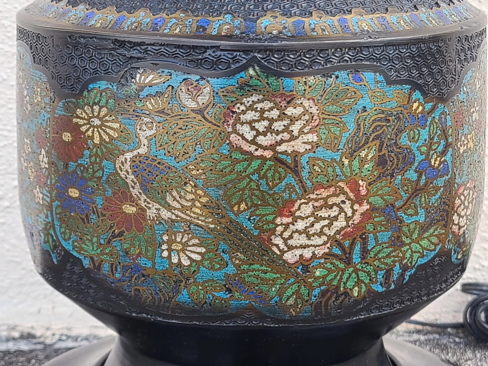 Vintage Japanese Champleve Bird and Flower Motif Two Handled Urn Style Table Lamp - 2