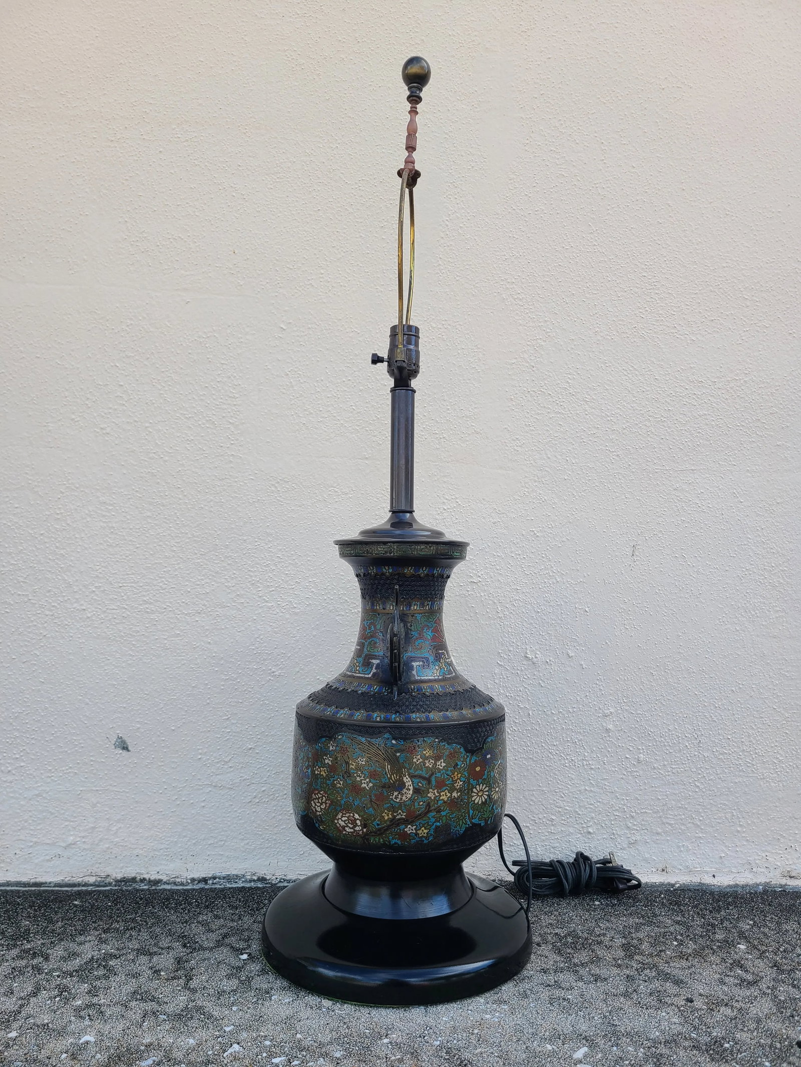 Vintage Japanese Champleve Bird and Flower Motif Two Handled Urn Style Table Lamp - 3