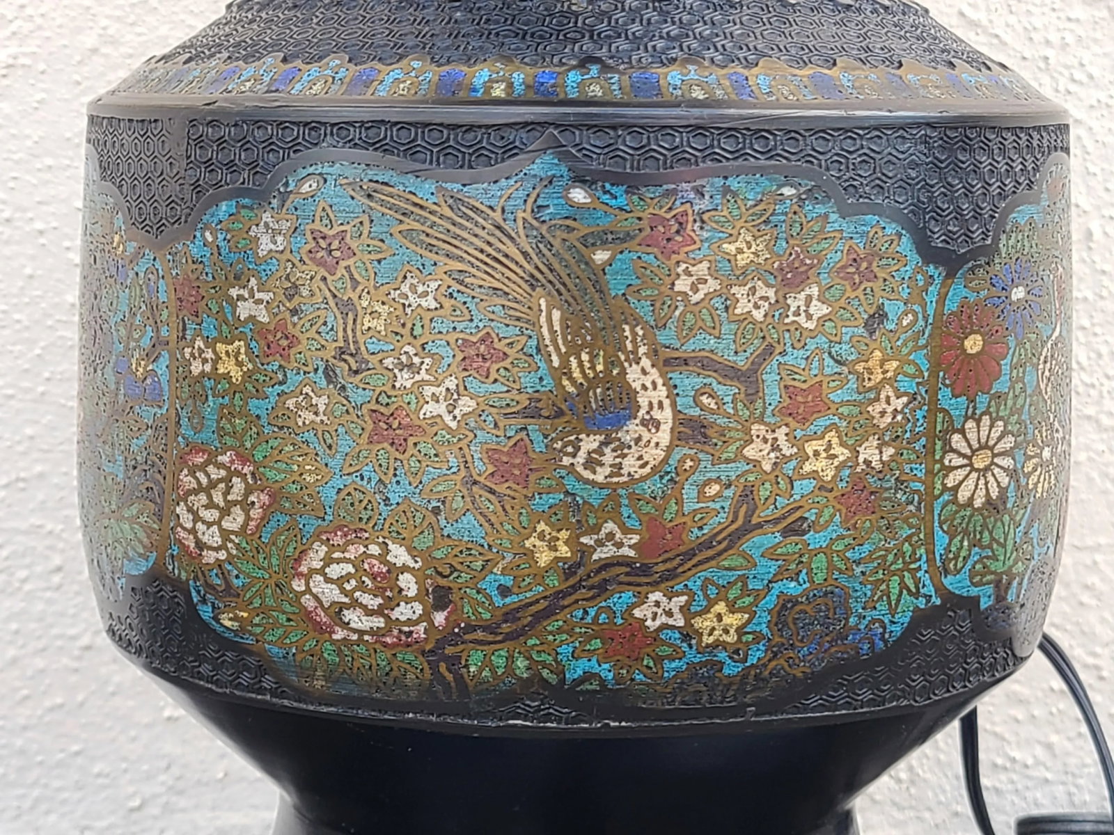 Vintage Japanese Champleve Bird and Flower Motif Two Handled Urn Style Table Lamp - 4