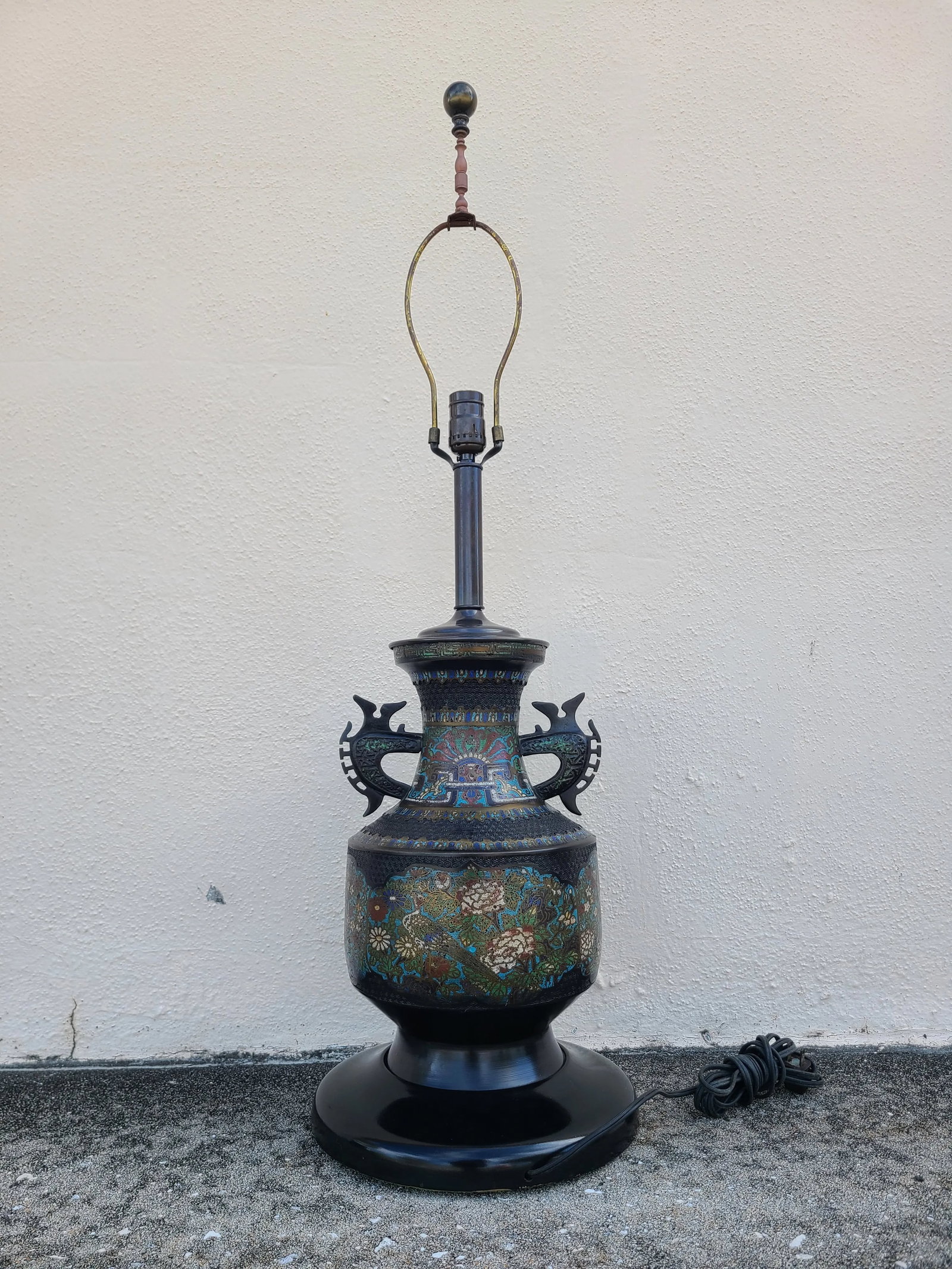 Vintage Japanese Champleve Bird and Flower Motif Two Handled Urn Style Table Lamp - 5