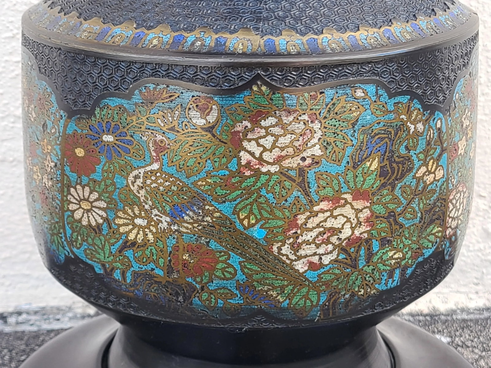 Vintage Japanese Champleve Bird and Flower Motif Two Handled Urn Style Table Lamp - 6