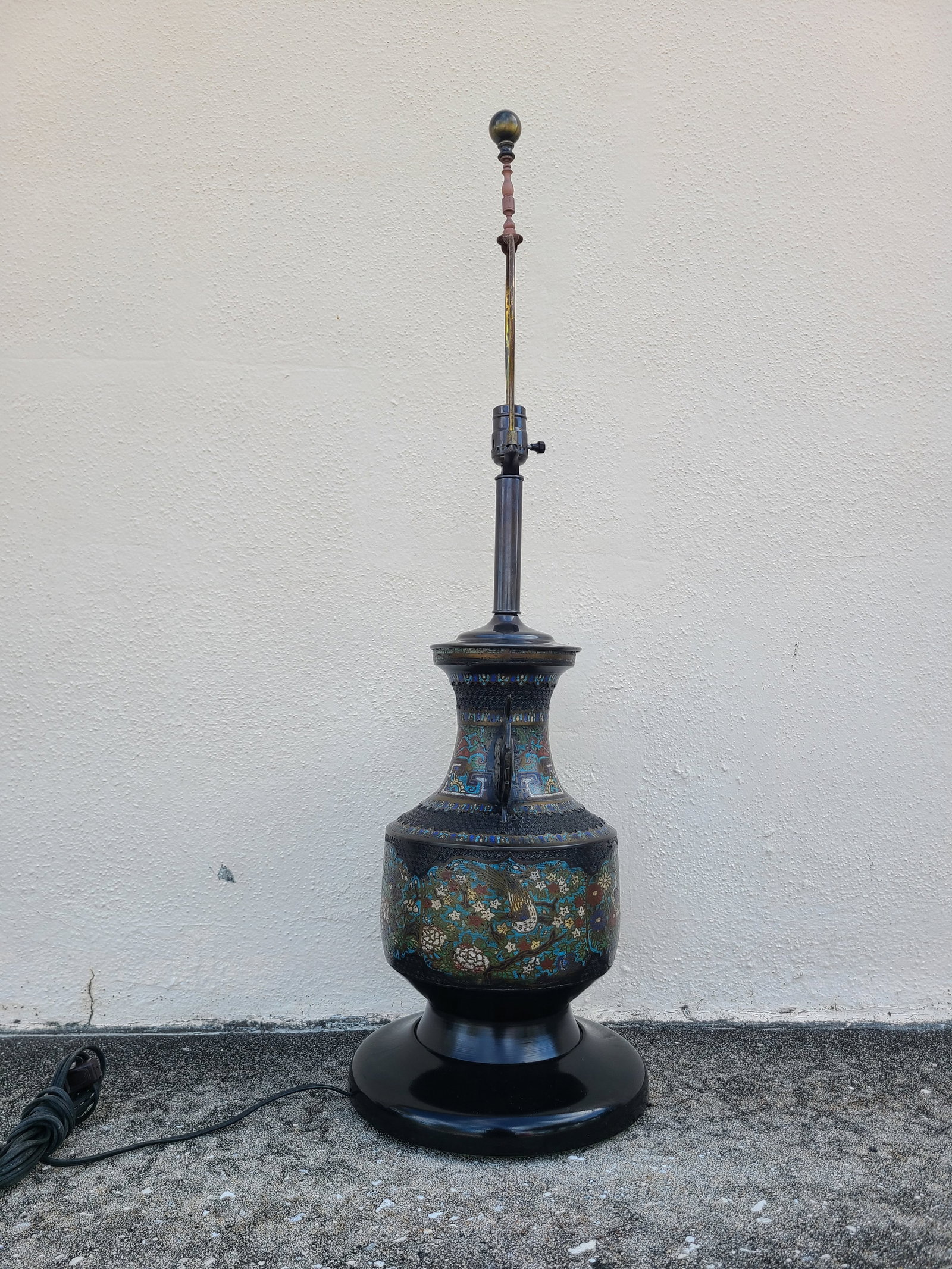 Vintage Japanese Champleve Bird and Flower Motif Two Handled Urn Style Table Lamp - 7