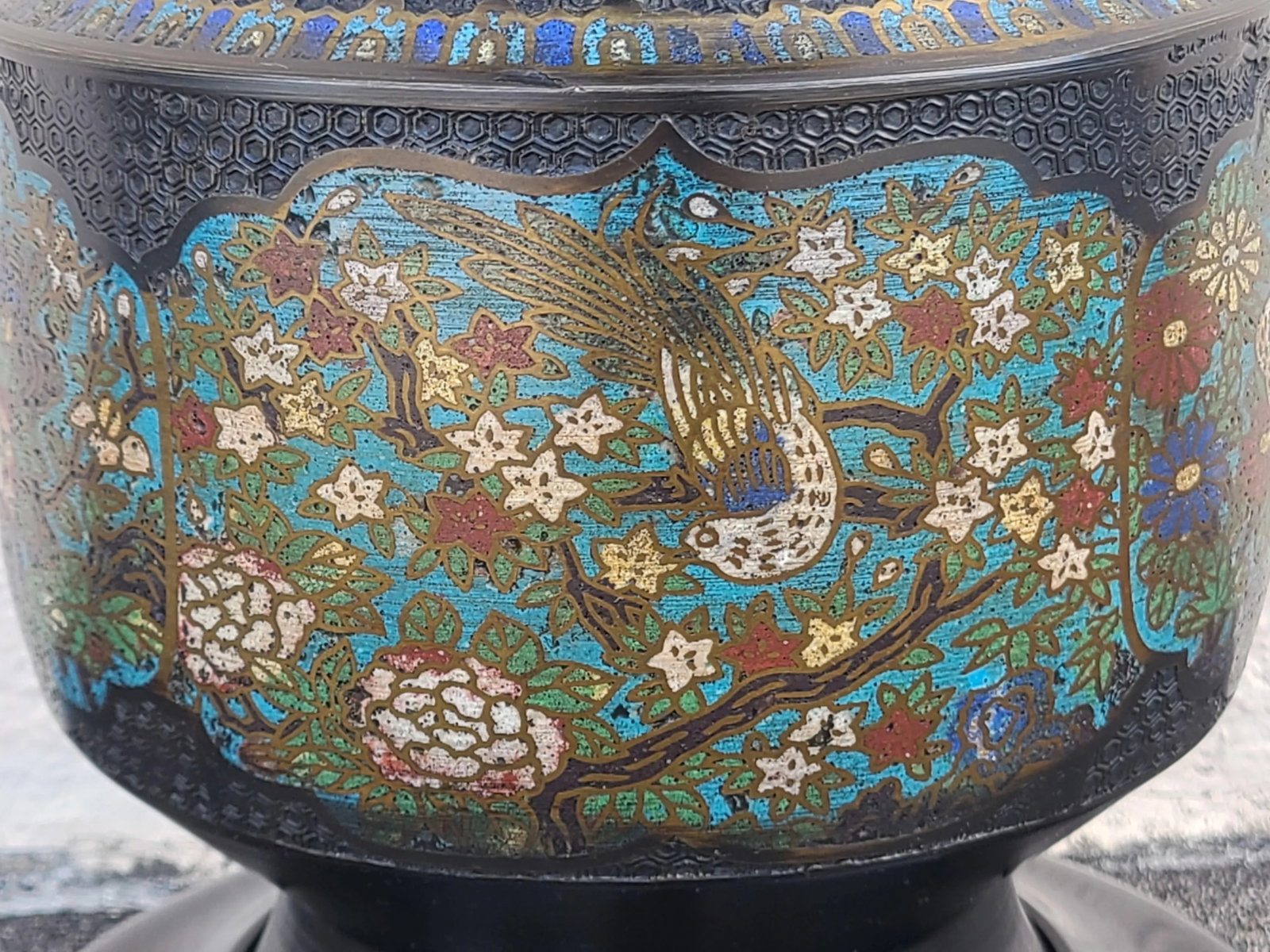 Vintage Japanese Champleve Bird and Flower Motif Two Handled Urn Style Table Lamp - 8