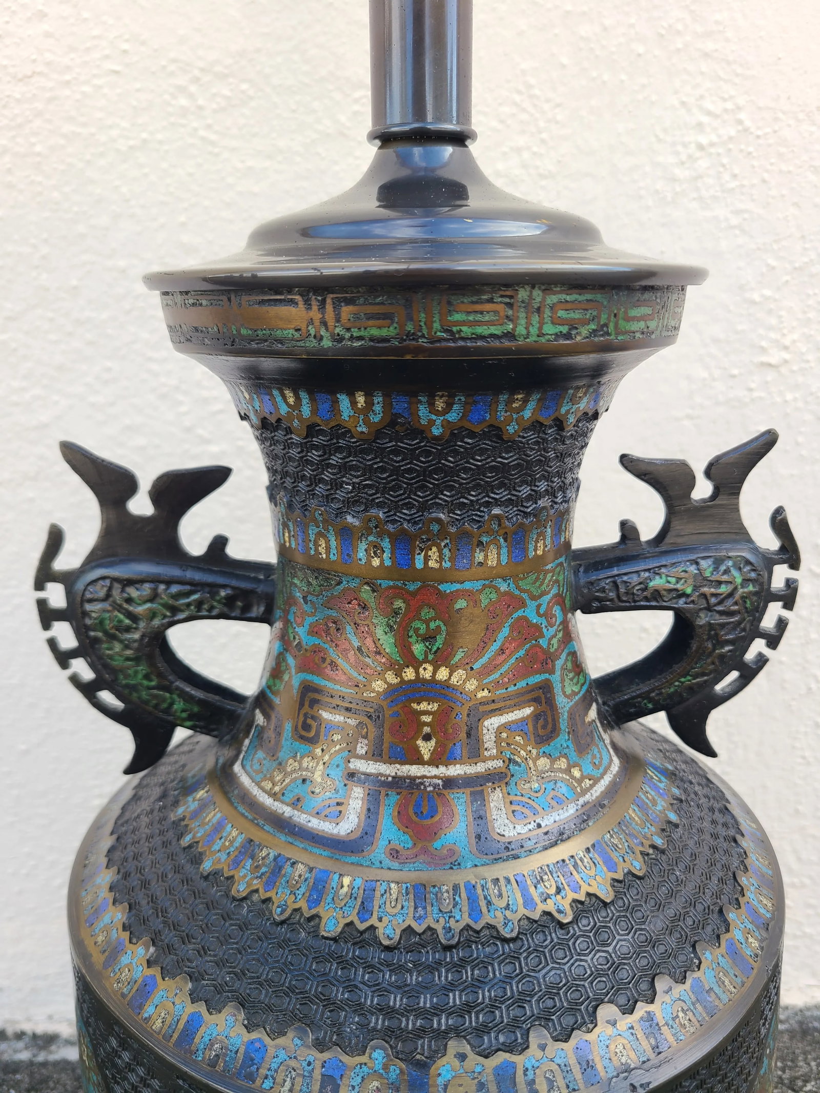 Vintage Japanese Champleve Bird and Flower Motif Two Handled Urn Style Table Lamp - 9