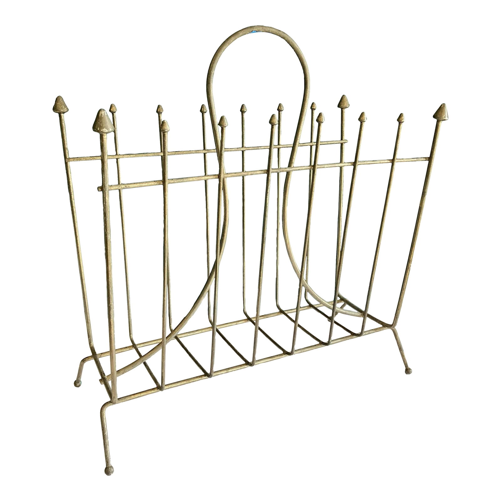 Vintage Mid-Century Wire Magazine Rack With Decorative Arrow Finials: This distinctive magazine rack represents functional mid-century design and stands out among vintage finds for its decorative appeal. The brass-toned wire construction features charming arrow-shaped
