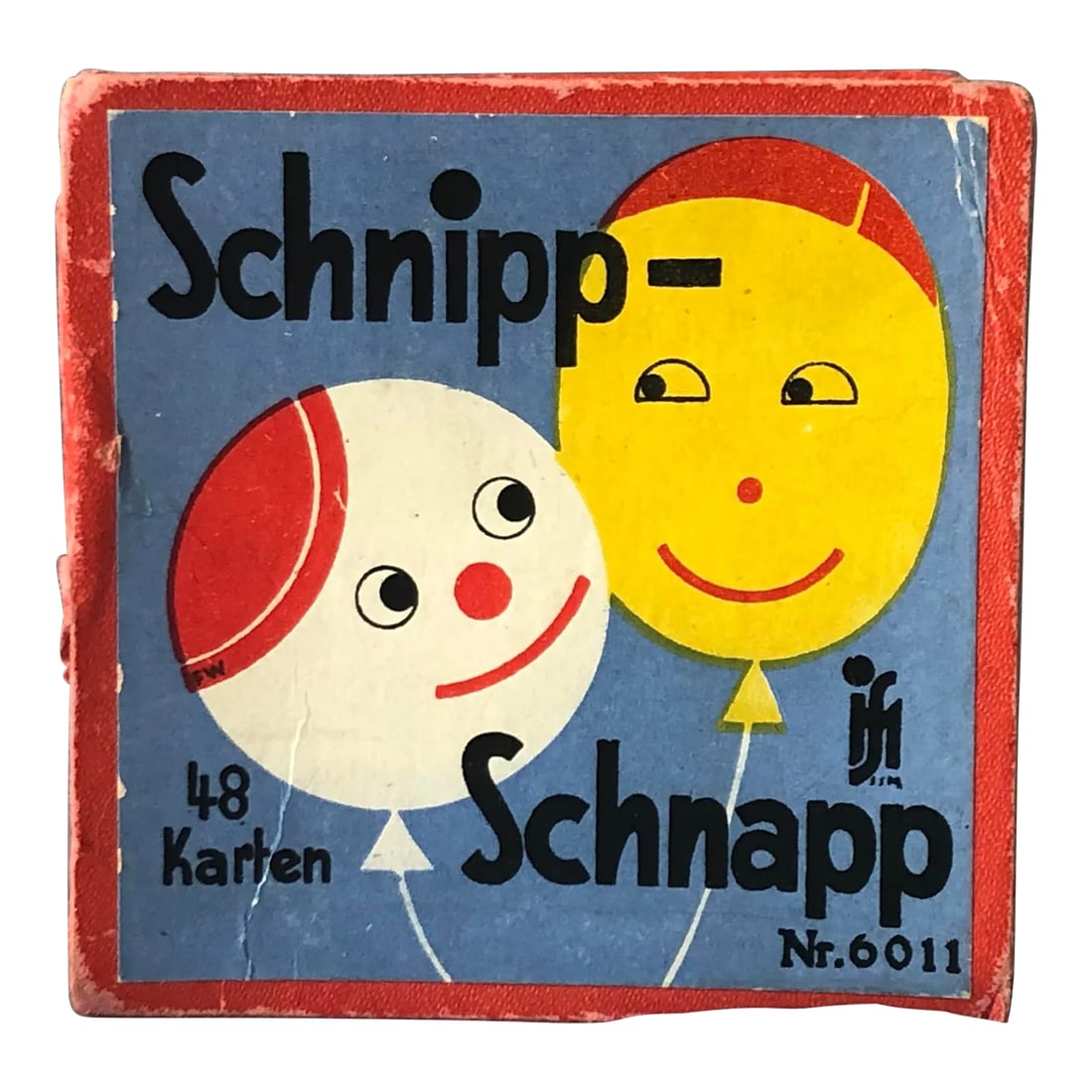 Vintage German Playing Card Game: This scarce circa 1930s German Schnipp Schnapp memory card game for children has amazing modern artwork graphics including an owl, heart, fish, dog, boat, and balloons. The vintage card game is