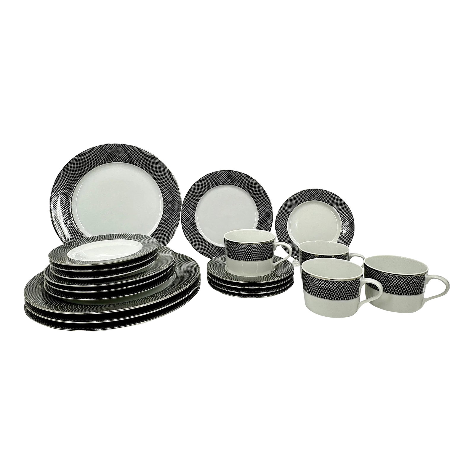 Vintage Porcelain Block Spal Portugal 20 Piece Dinnerware Set for 4: Vintage Block Spal Portugal 20 Piece Porcelain Set in Midnight Pattern with Platinum Rim. 5-piece place setting for 4. Makers mark on the bottom. Set includes: 4 - Cups - 3.5" Diameter x 2.5" H 4 -