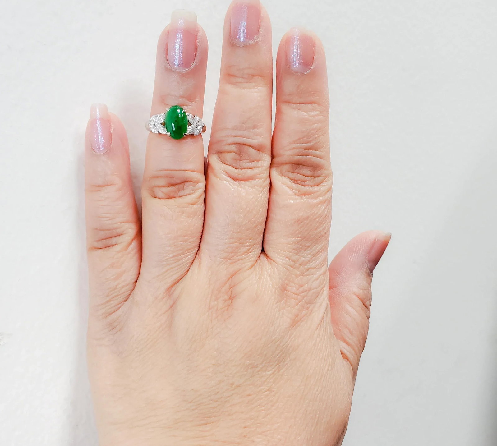 Green Jade Cabochon and Diamond Cocktail Ring in Platinum, size 4.25 - 2