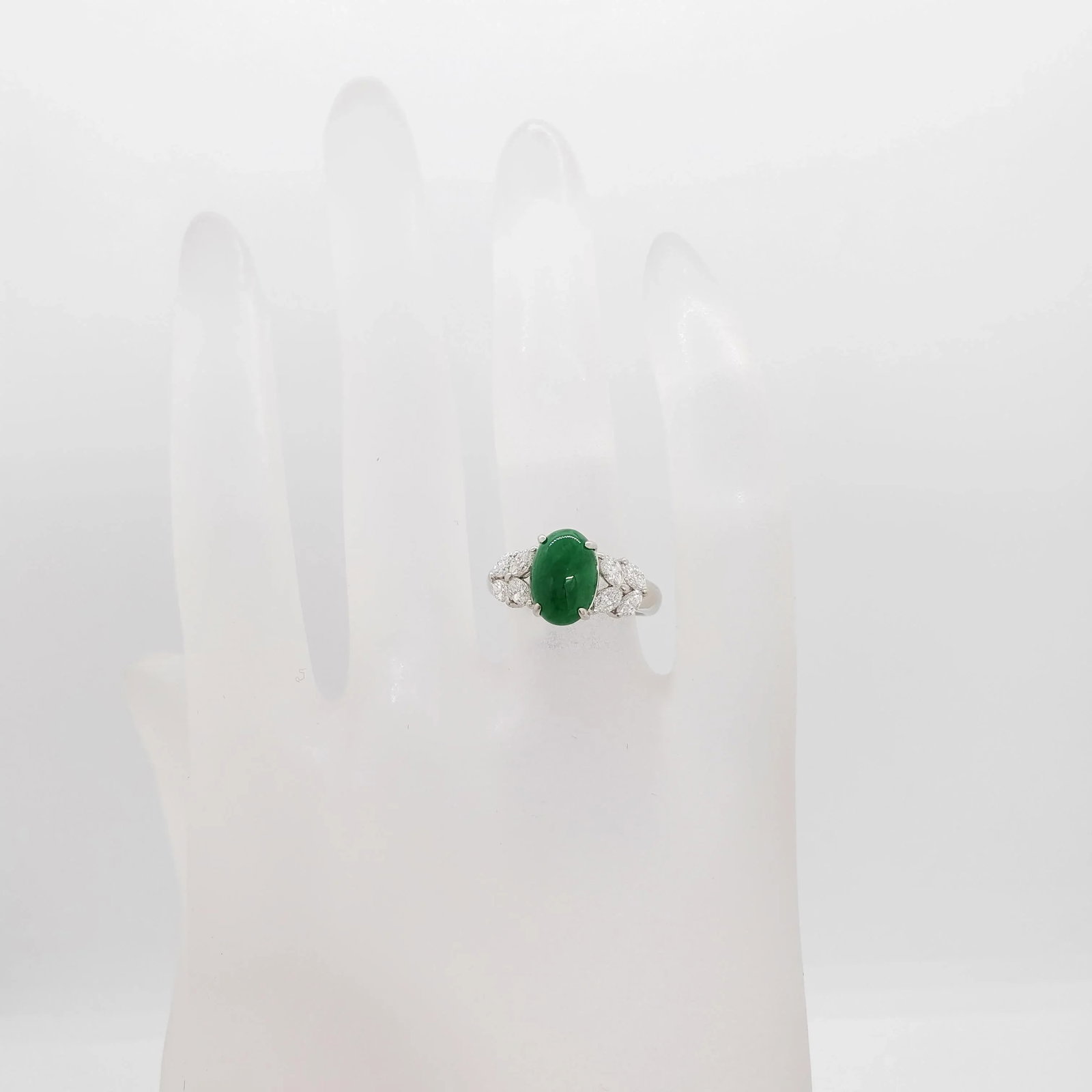 Green Jade Cabochon and Diamond Cocktail Ring in Platinum, size 4.25 - 3