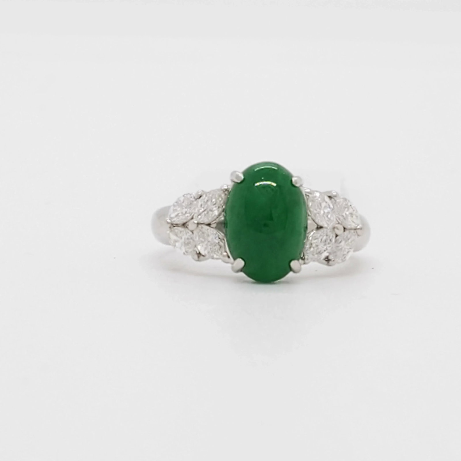 Green Jade Cabochon and Diamond Cocktail Ring in Platinum, size 4.25 - 4