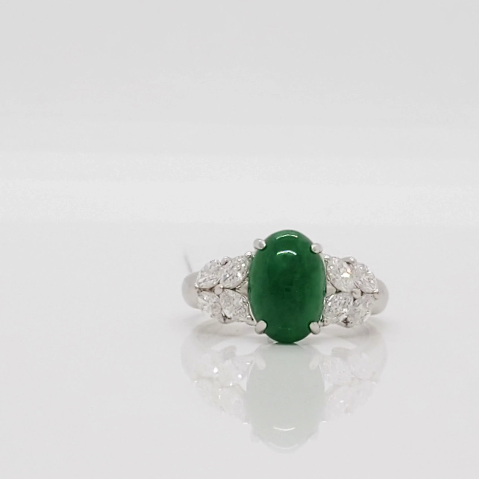 Green Jade Cabochon and Diamond Cocktail Ring in Platinum, size 4.25 - 5