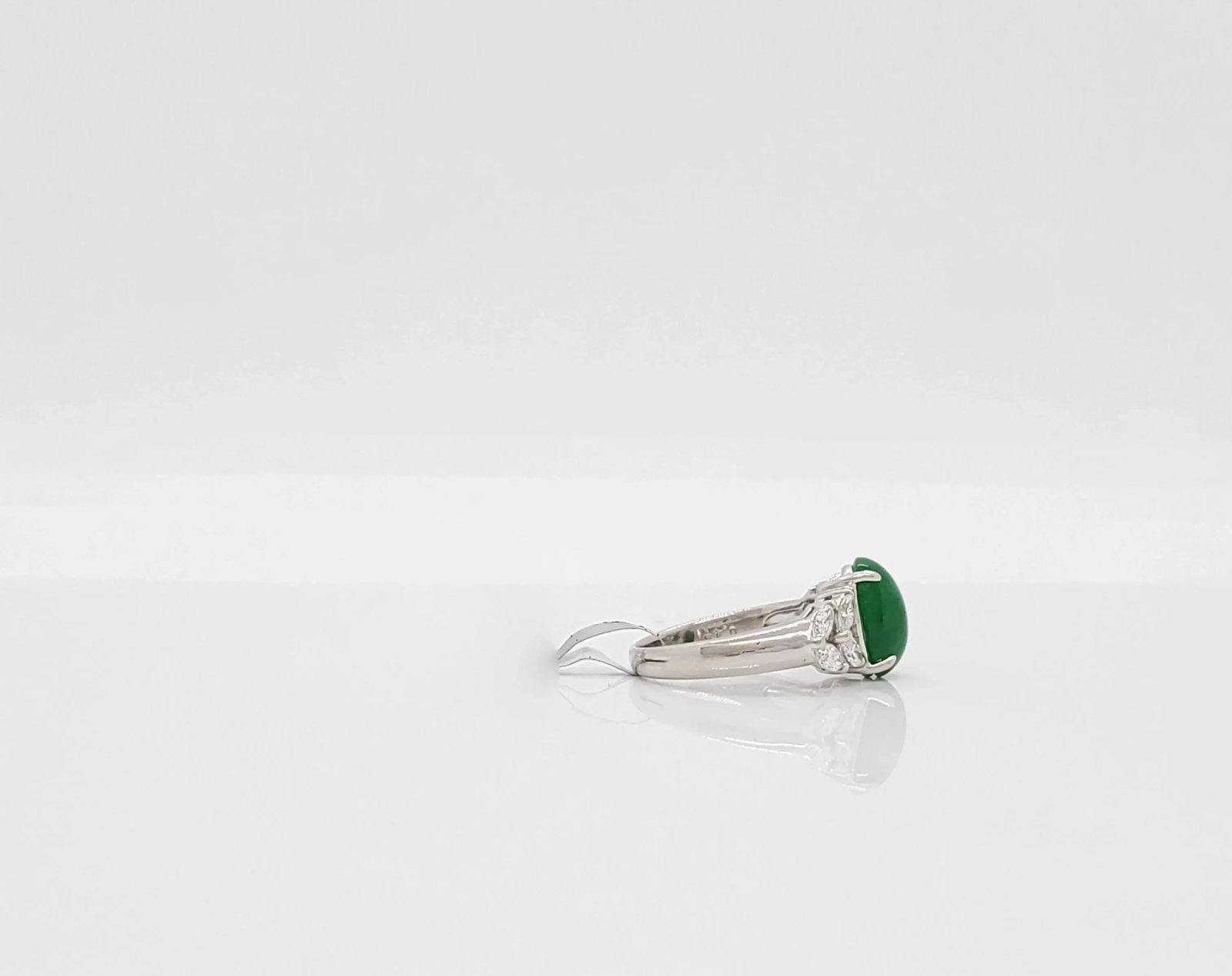 Green Jade Cabochon and Diamond Cocktail Ring in Platinum, size 4.25 - 6