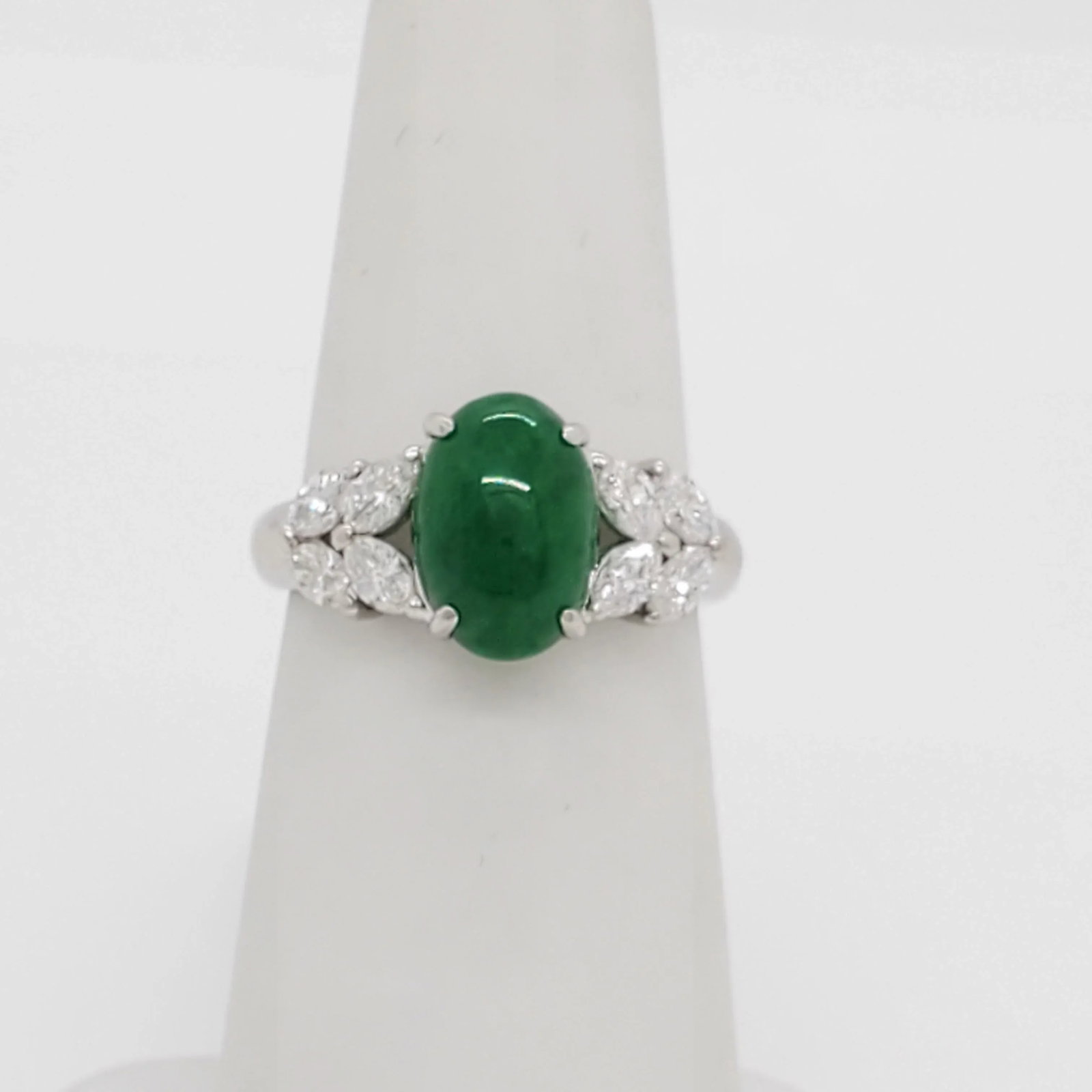 Green Jade Cabochon and Diamond Cocktail Ring in Platinum, size 4.25 - 7
