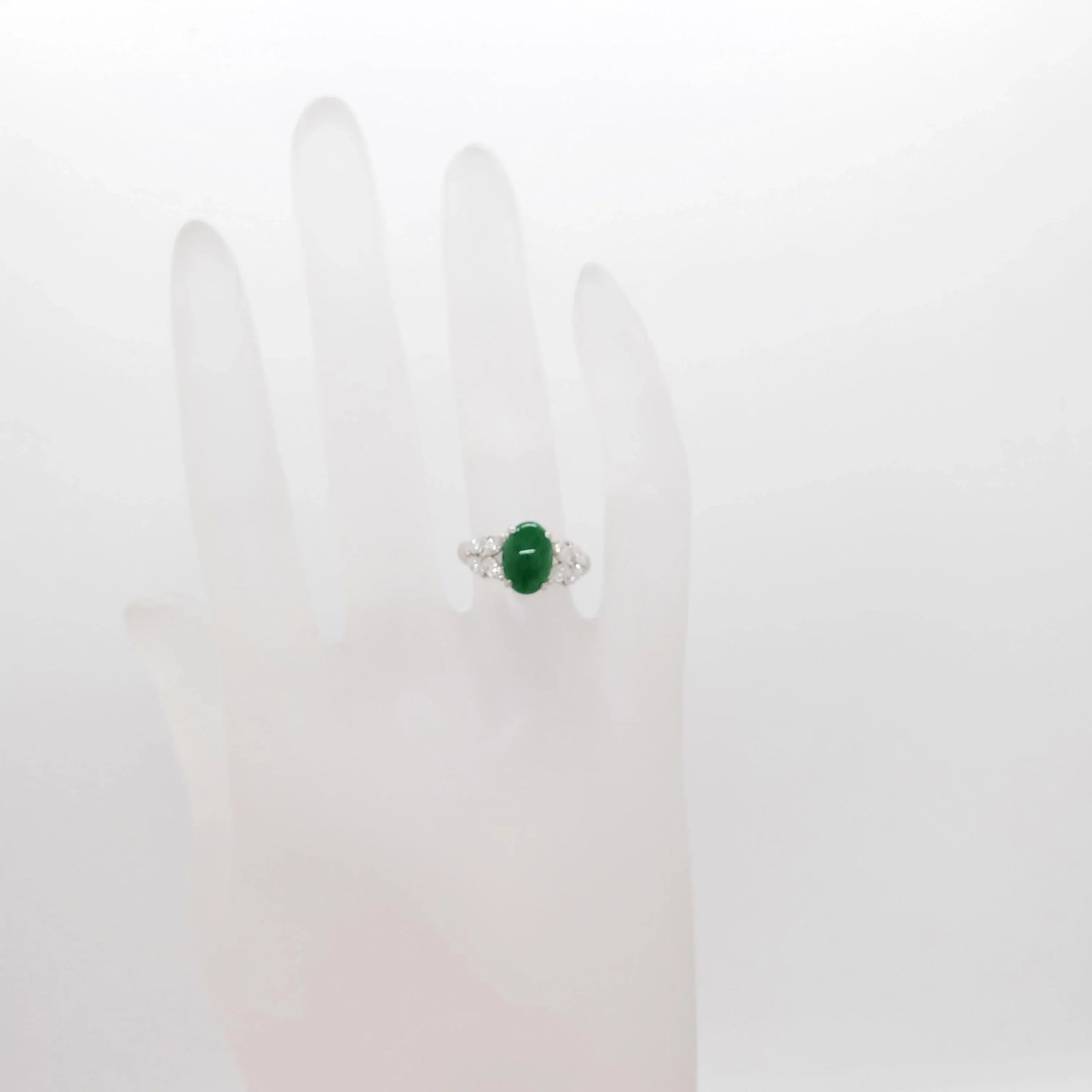 Green Jade Cabochon and Diamond Cocktail Ring in Platinum, size 4.25 - 8