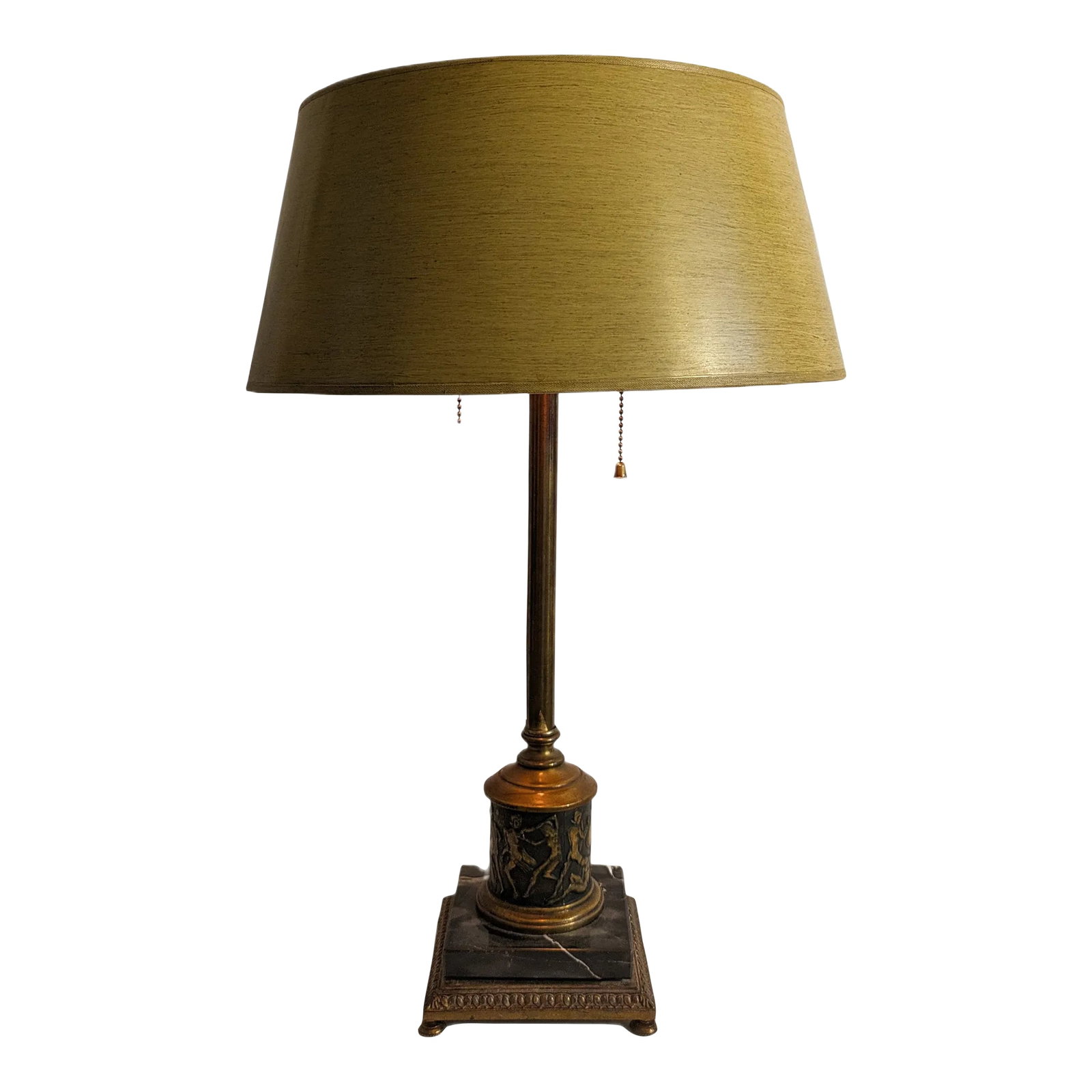Vintage Brass & Marble Stiffel Neoclassical Table Lamp Roman Embossed Figures: This handsome mid-century double socket lamp measures 21-1/4" tall with a 14" diameter x 6-1/2" tall original shade. The lamp has an ornate square footed base with black and white veined marble and is