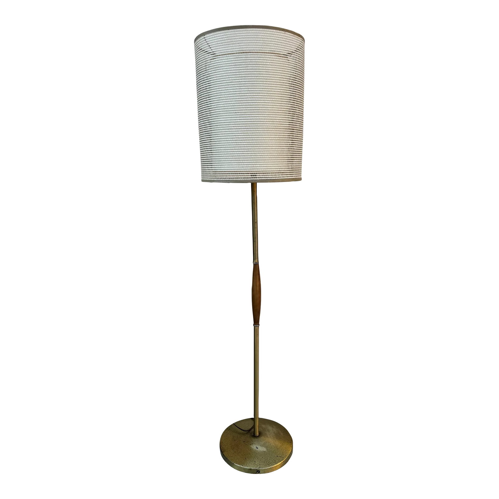 Mid-Century Modern Brass and Wood Floor Lamp With Double Fiberglass Drum Shade: For sale, we present an exquisite Mid-Century Modern Brass Floor Lamp, adorned with charming wood accents that seamlessly blend vintage allure with contemporary sophistication. Elevate your home with 