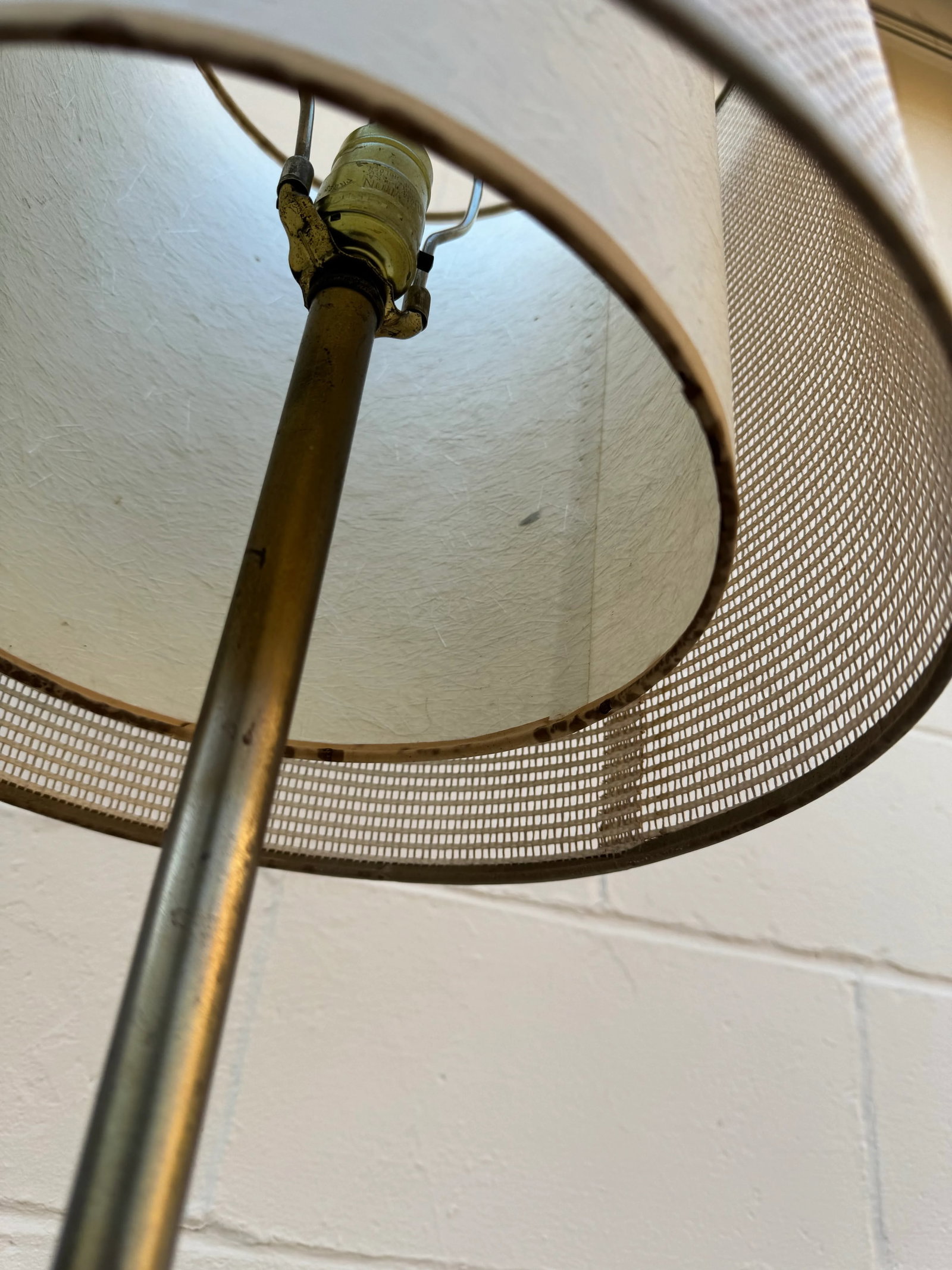 Mid-Century Modern Brass and Wood Floor Lamp With Double Fiberglass Drum Shade - 6