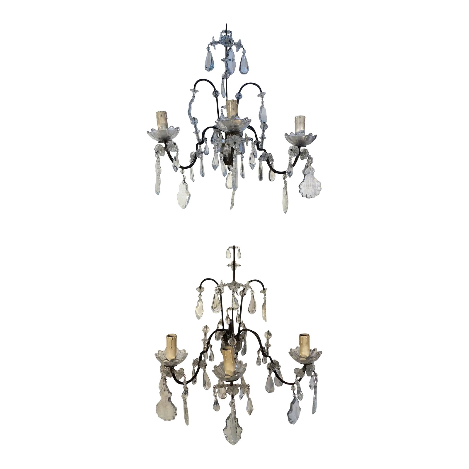 Antique Italian Maria Theresa Baroque Style Cut Glass 3 Candle Sconce, 1910 - a Pair: Antique Italian Maria Theresa Baroque style pair of delicate Venetian sconces with 3 candles on glass cups, burnished gold metal fixture, and cut glass pendants and beaded swags, circa 1910. Beautiful