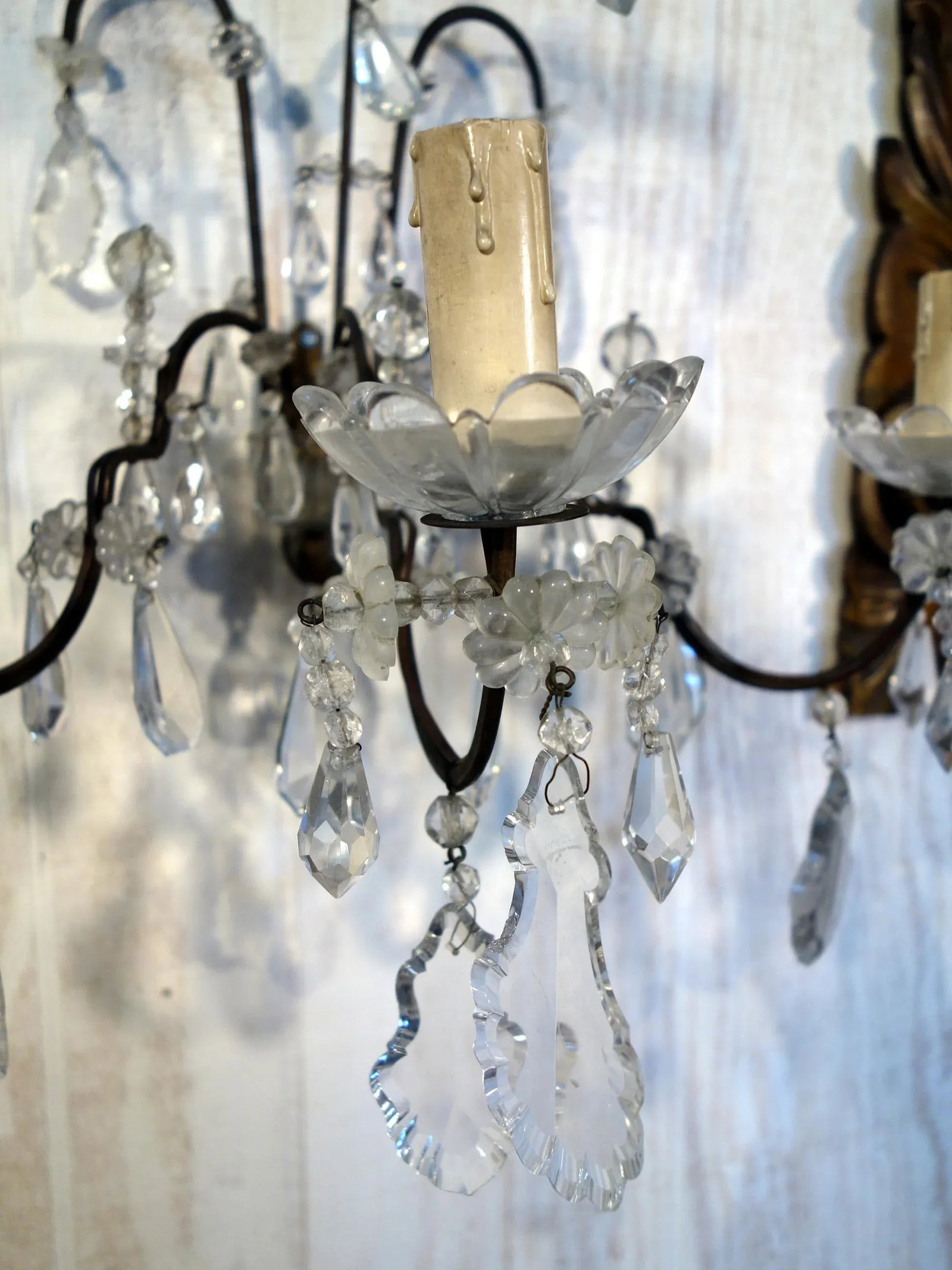 Antique Italian Maria Theresa Baroque Style Cut Glass 3 Candle Sconce, 1910 - a Pair - 2