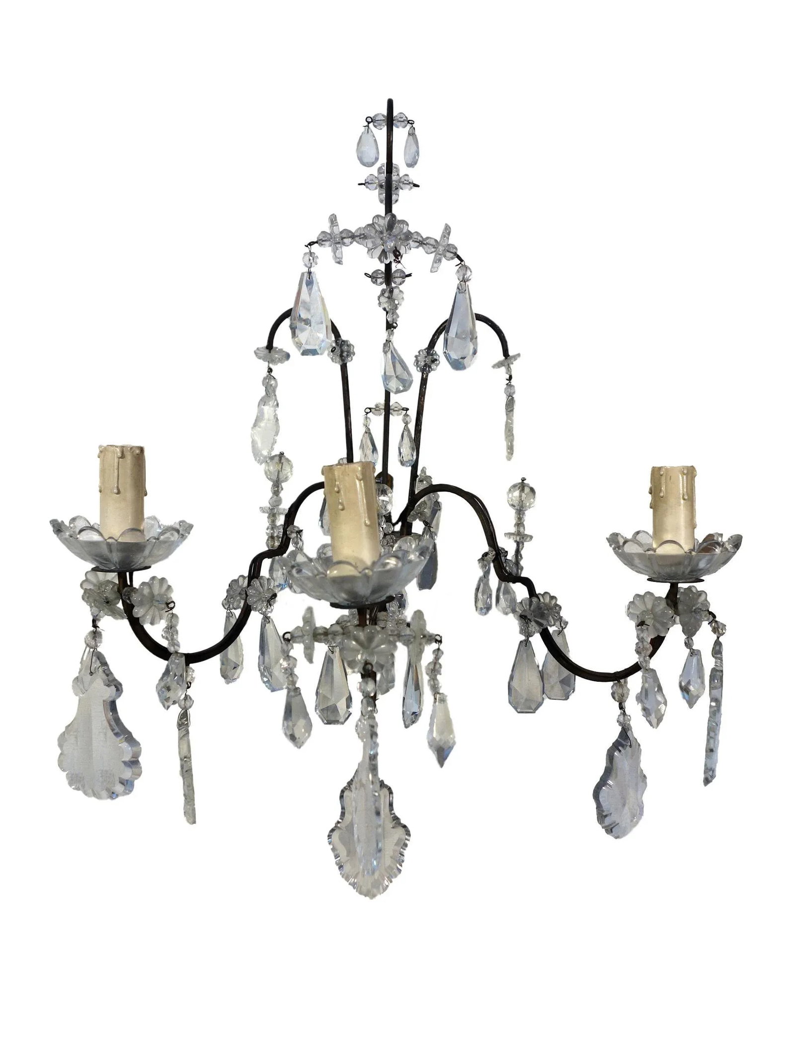 Antique Italian Maria Theresa Baroque Style Cut Glass 3 Candle Sconce, 1910 - a Pair - 3