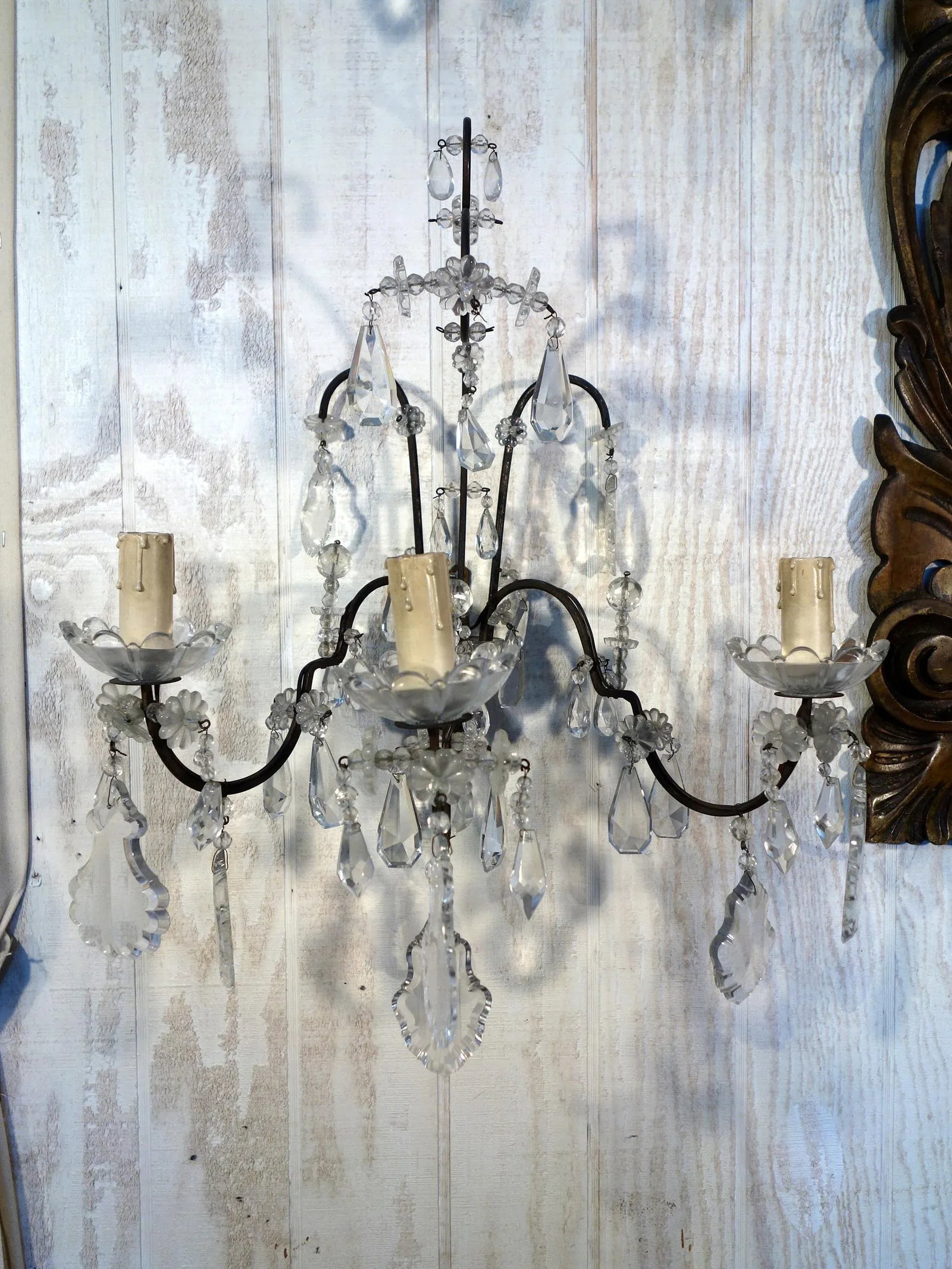 Antique Italian Maria Theresa Baroque Style Cut Glass 3 Candle Sconce, 1910 - a Pair - 4