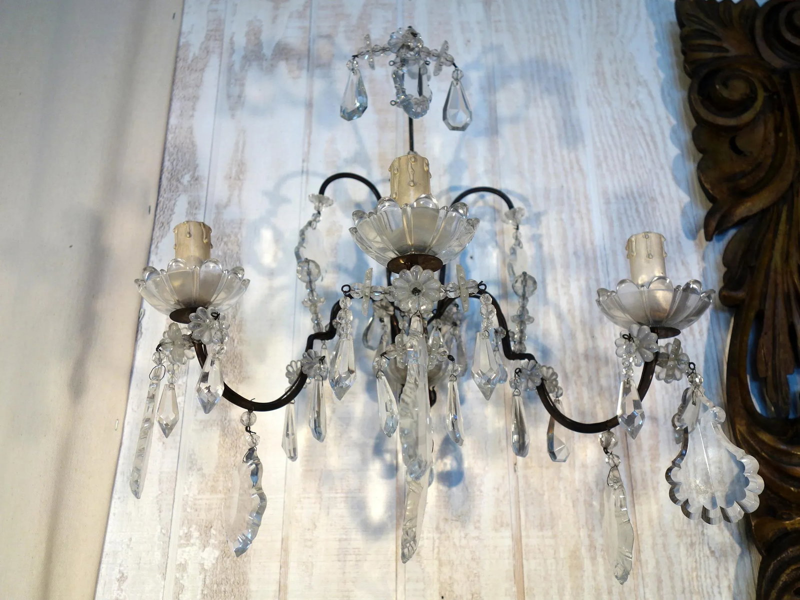 Antique Italian Maria Theresa Baroque Style Cut Glass 3 Candle Sconce, 1910 - a Pair - 5