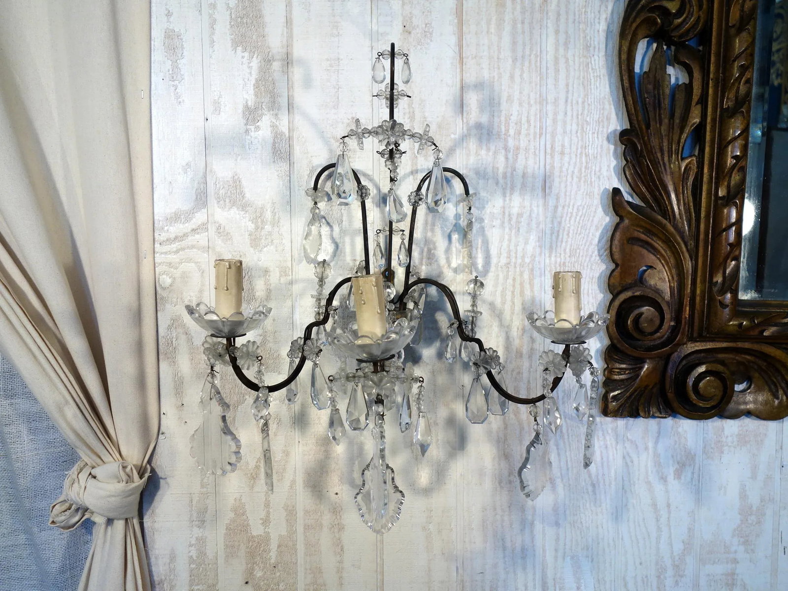 Antique Italian Maria Theresa Baroque Style Cut Glass 3 Candle Sconce, 1910 - a Pair - 8