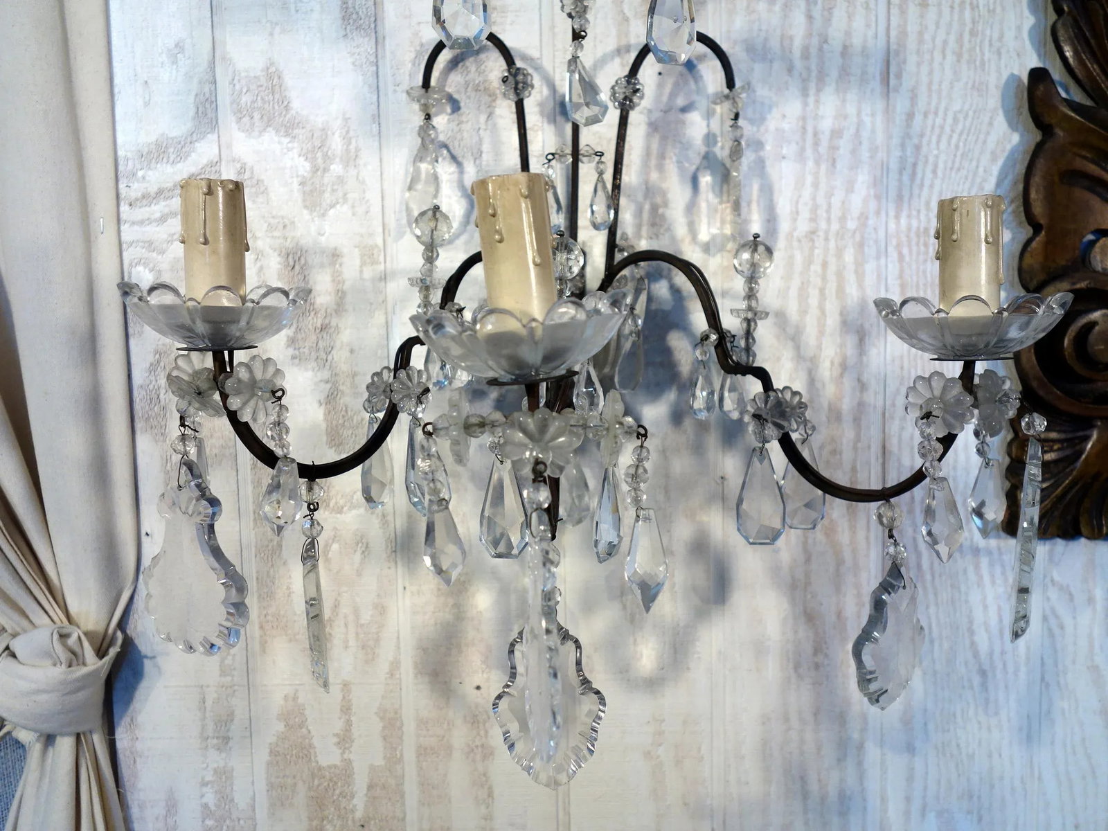 Antique Italian Maria Theresa Baroque Style Cut Glass 3 Candle Sconce, 1910 - a Pair - 9