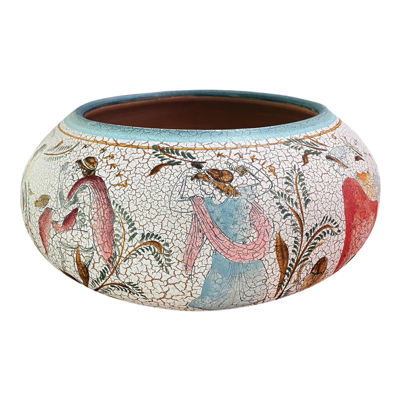 Late 20th Century Hand-Made Greek Museum Vase Reproduction With Two Three-Dimensional Verdigris Dolp: Beautiful Greek museum reproduction of hand-made & hand-painted vase with three-dimensional patinated metal dolphins. Typical of Greek Minoan art with light (white) background and painted human figure