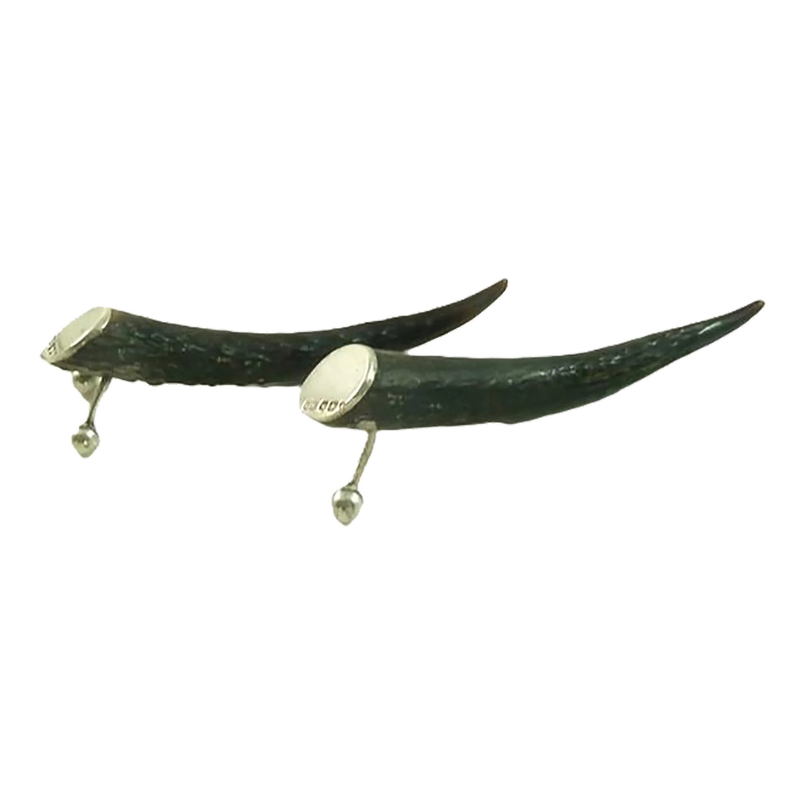 Late 19th Century English Horn and Silver Sterling Silver Knife Rests- Set of 2: A handsome pair of English sterling silver and horn knife rests. The pair evoke scenes of English hunt country dining with their handsome style. Saville row tweeds, field boots, sporting gear and