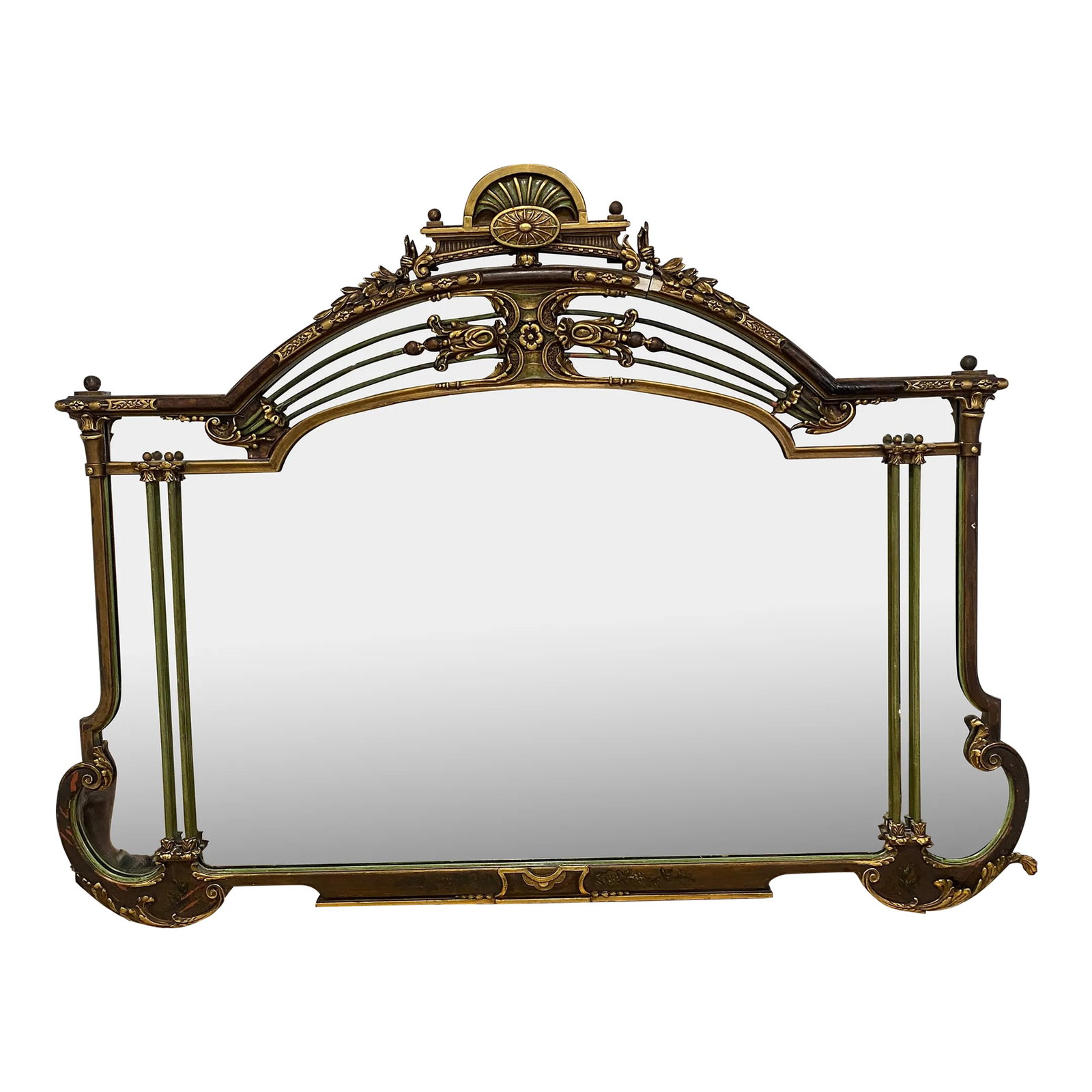 Antique Late 19th Century Belle Epoch Mirror: large antique mirror in original gold gilt and verde paint this is def a statement piece for any room Condition: Alterations: Original Condition Unaltered Imperfections: Some Imperfections Condition
