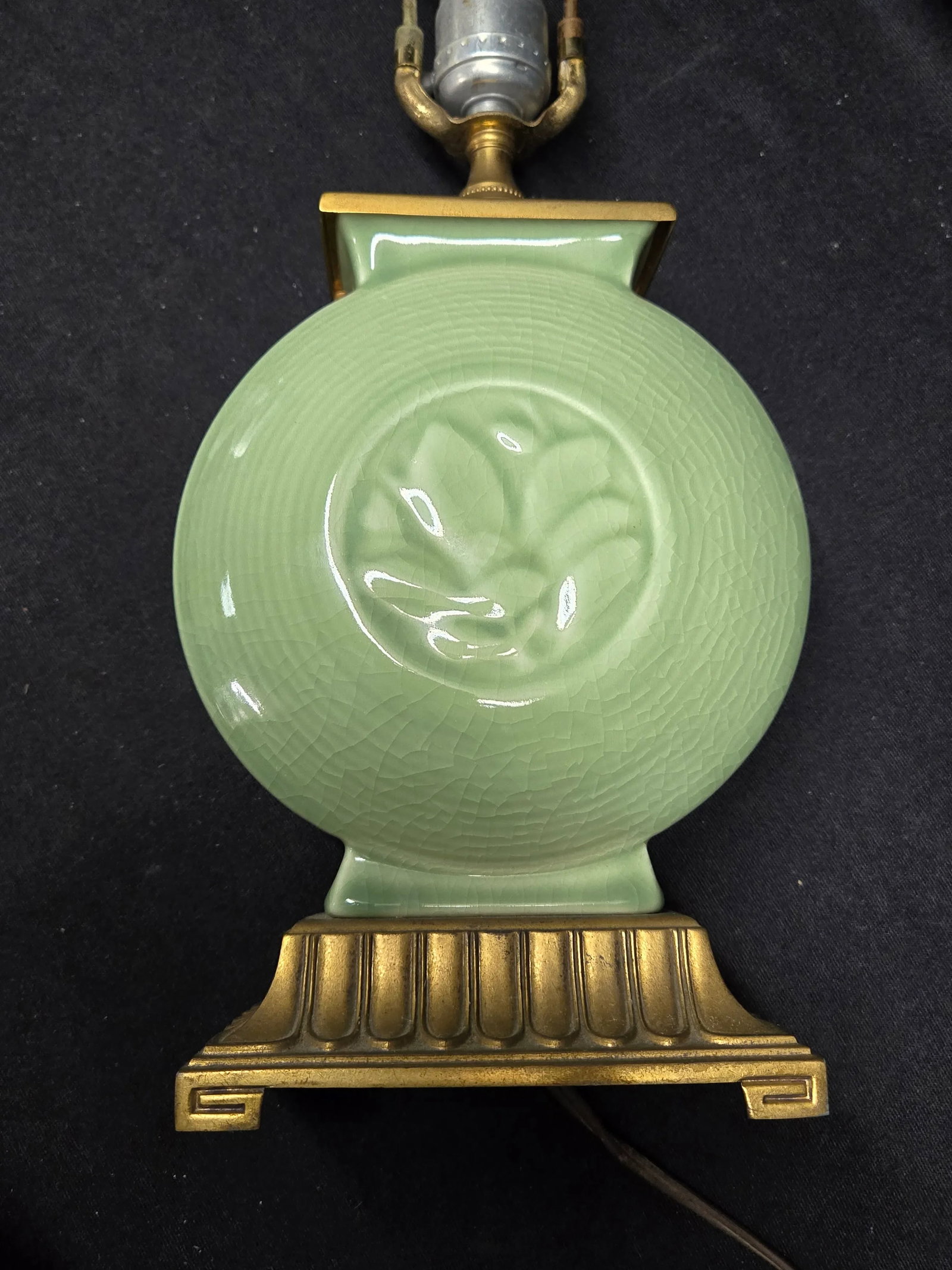Mid-Century Celadon Round Floral Ceramic Table Lamp - 2