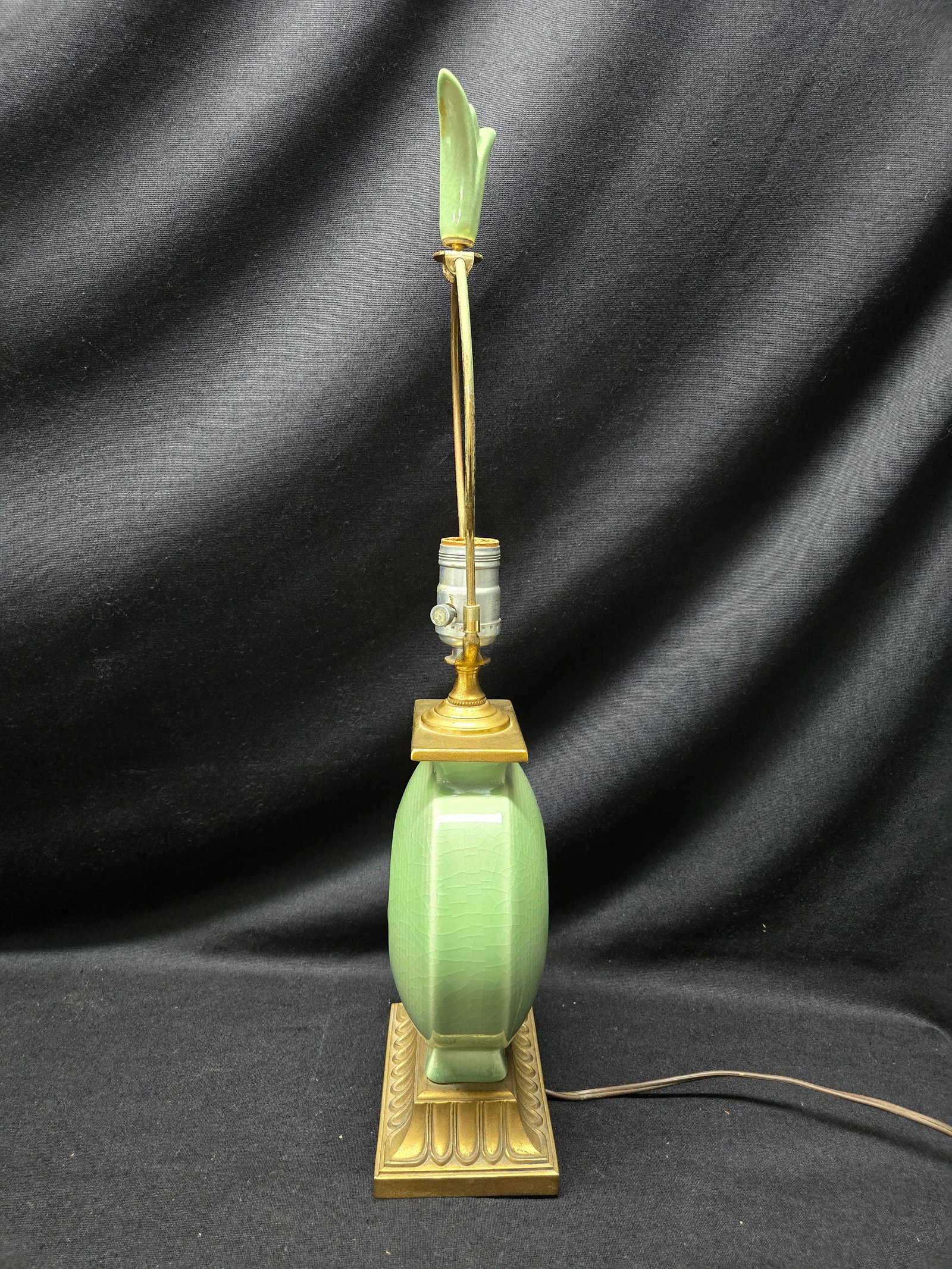 Mid-Century Celadon Round Floral Ceramic Table Lamp - 4