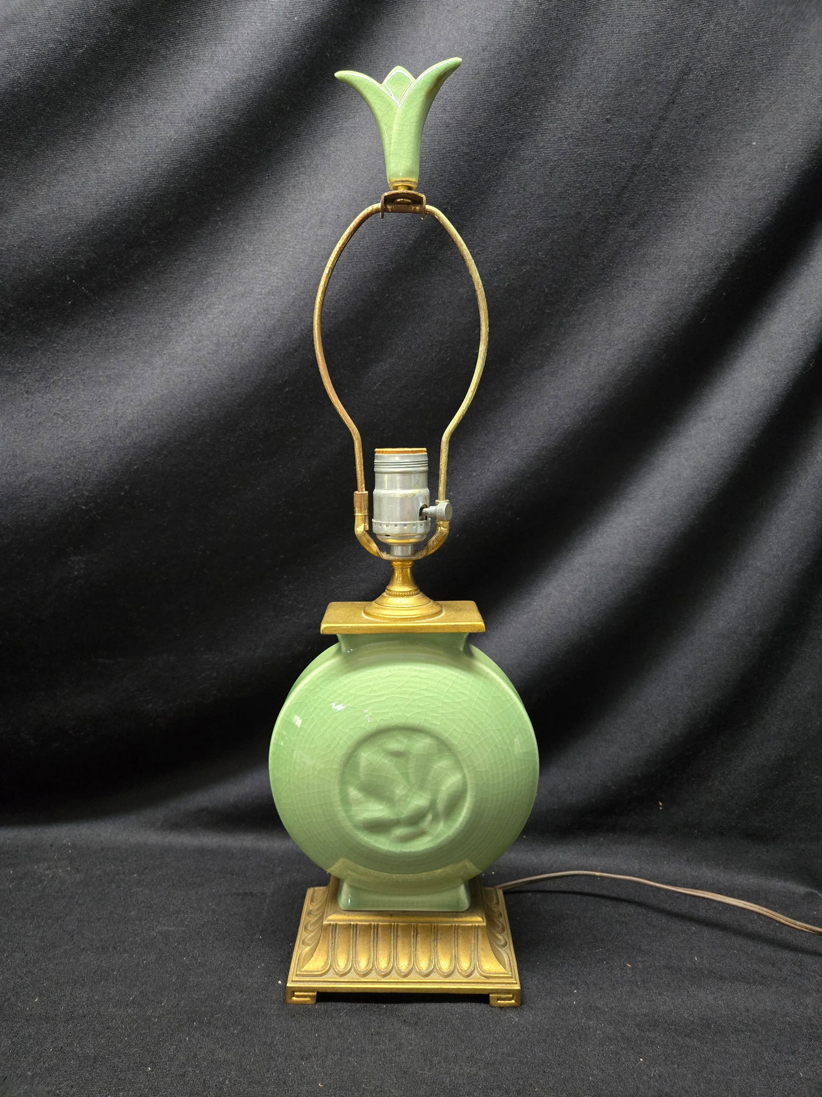 Mid-Century Celadon Round Floral Ceramic Table Lamp - 5