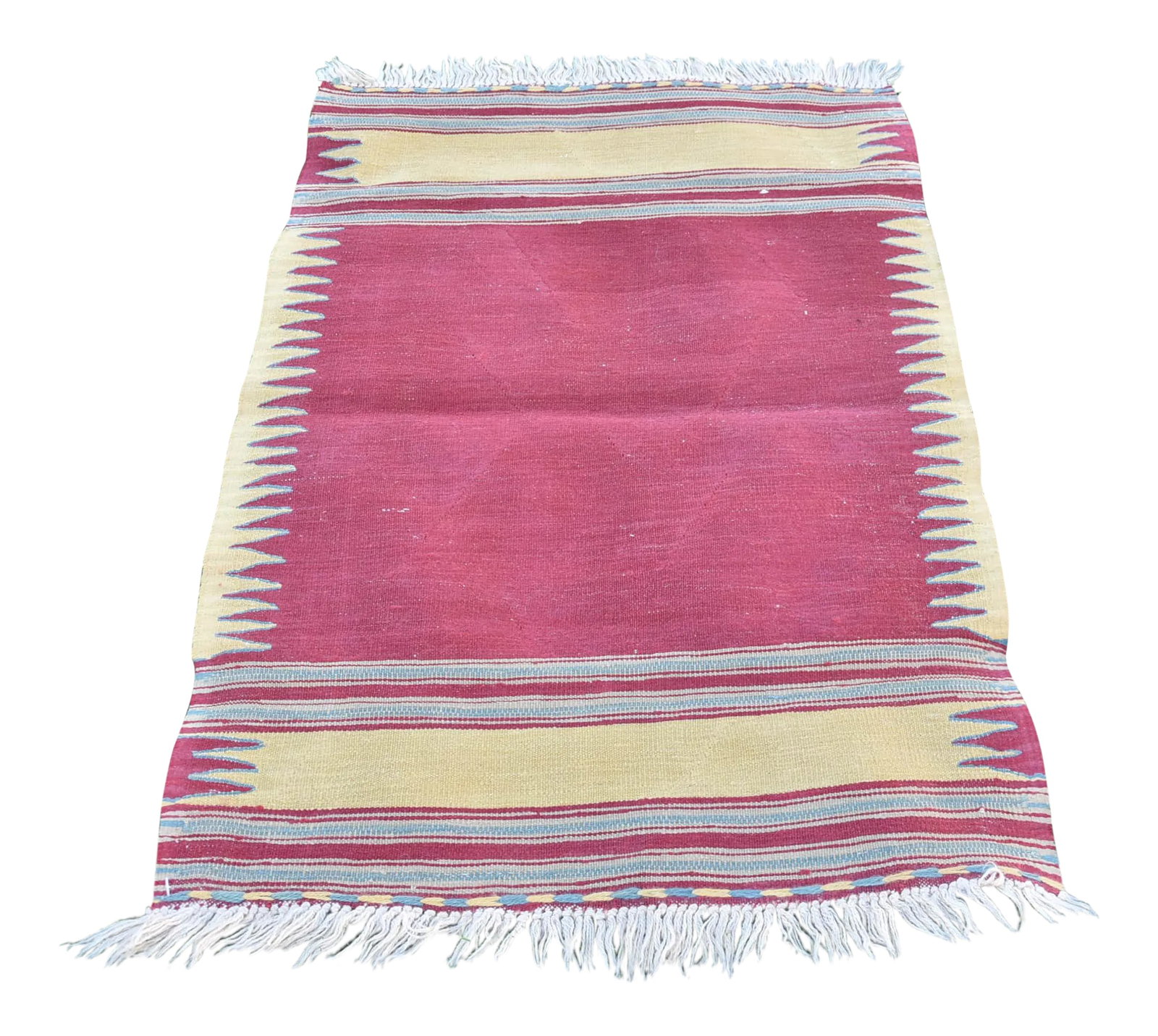 1970s Traditional Hand Knotted Turkish Cappadocia Small Size Kilim Rug: Size: 2.7 x 3.8 ft (82 x 116 cm) 32.2 x 45.6 inches Color: Red, Yellow Material: 100% Wool Fast Shipping: Delivery in 1-3 Business Days. All rugs are handwoven by traditional tribes of Anatolia,