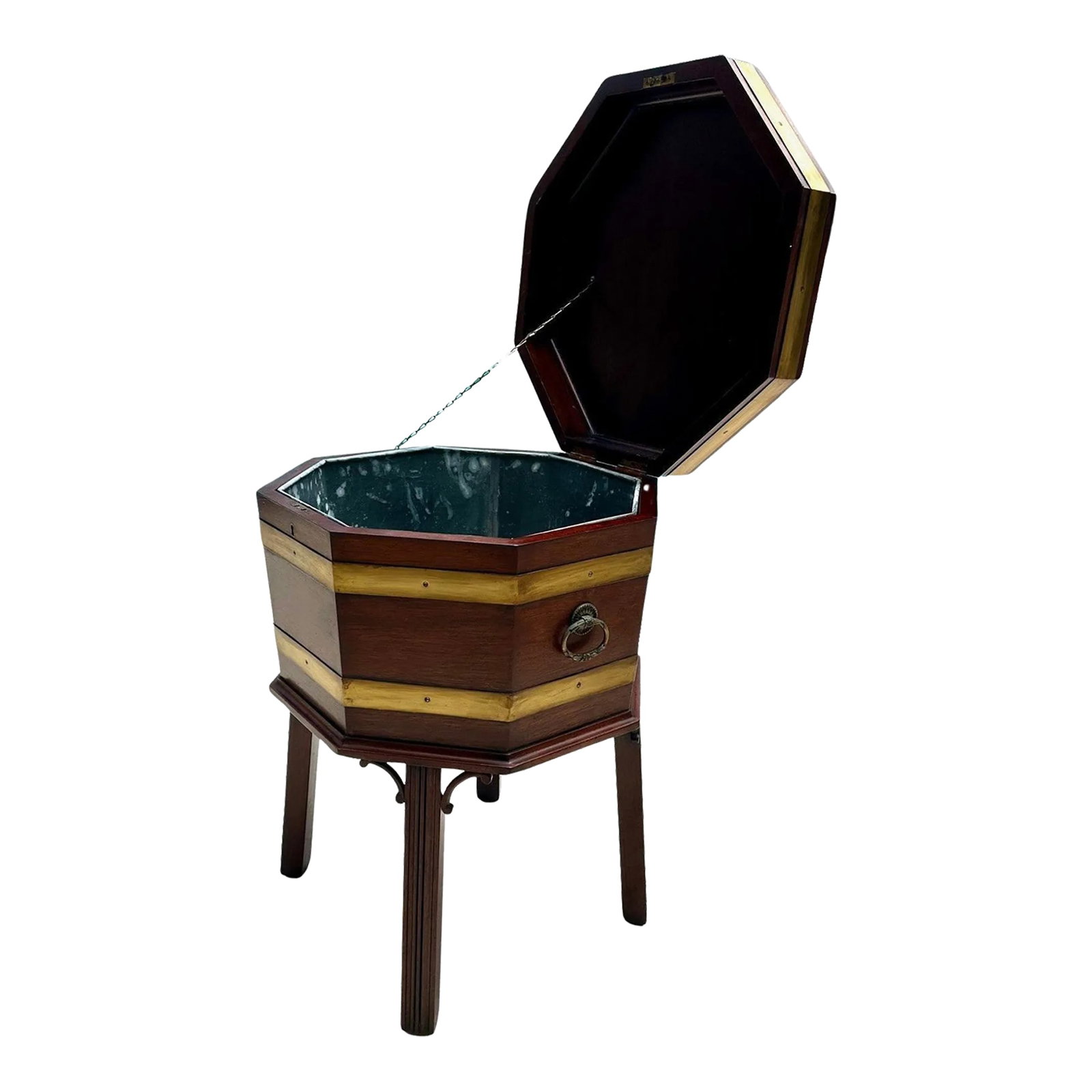 Mahogany Cellarette Wine Cooler Chippendale Style: Mahogany Cellarette Wine Cooler Chippendale Style A Chippendale style mahogany octagonal shaped wine cooler bound with traditional brass bands and fitted with brass handles and a zinc removeable