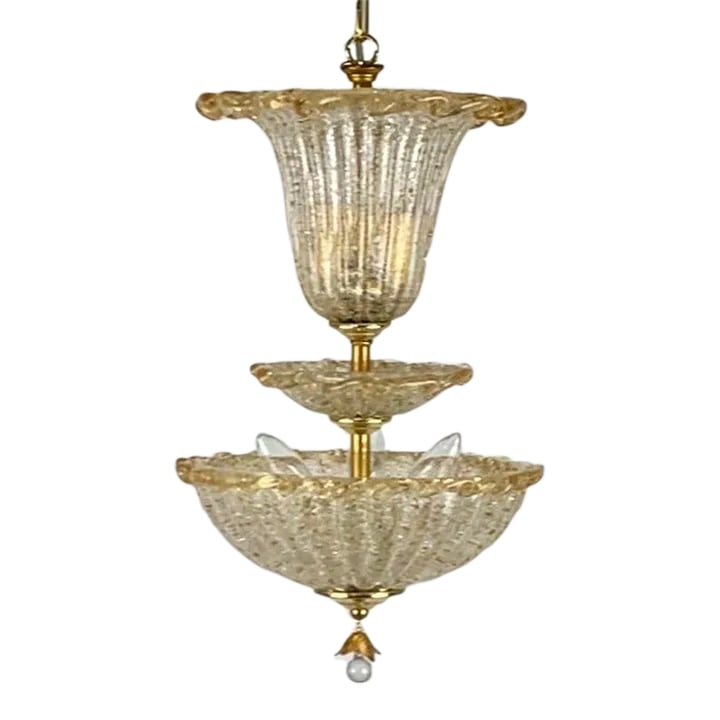 Vintage Venetian Glass 3 Tiered Pendant Light With 5 Lights: An elegant Murano glass chandelier featuring three graduated tiers of handblown scalloped bowls in a rich golden amber hue with subtle iridescence. Each glass element is beautifully ribbed and