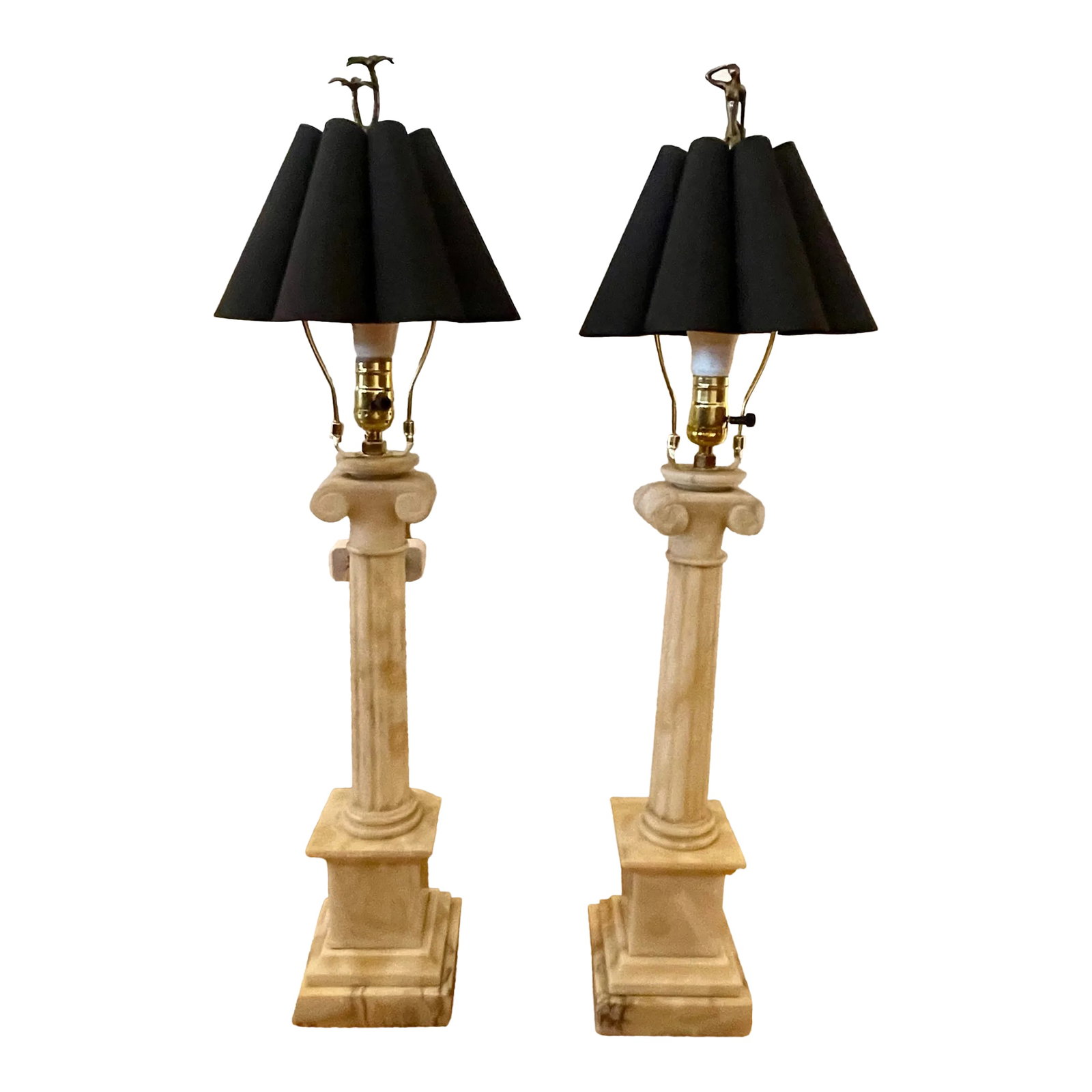 Early 20th Century Alabaster Column Lamp - a Pair: Beautiful vintage alabaster column table lamps! These have newly replaced hardware, lamp shades, and are styled with unique finials. The dimensions listed include the finial and shade. The alabaster l
