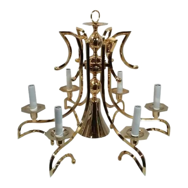 1990s Regency Chandelier Gold Plated Five Arm Center Down Light Transitional: A vintage Mid Century gold tone six arm chandelier in an elegant gold finish with 18" long chain and original 5" brass canopy. The chandelier is in excellent vintage condition without damage and in