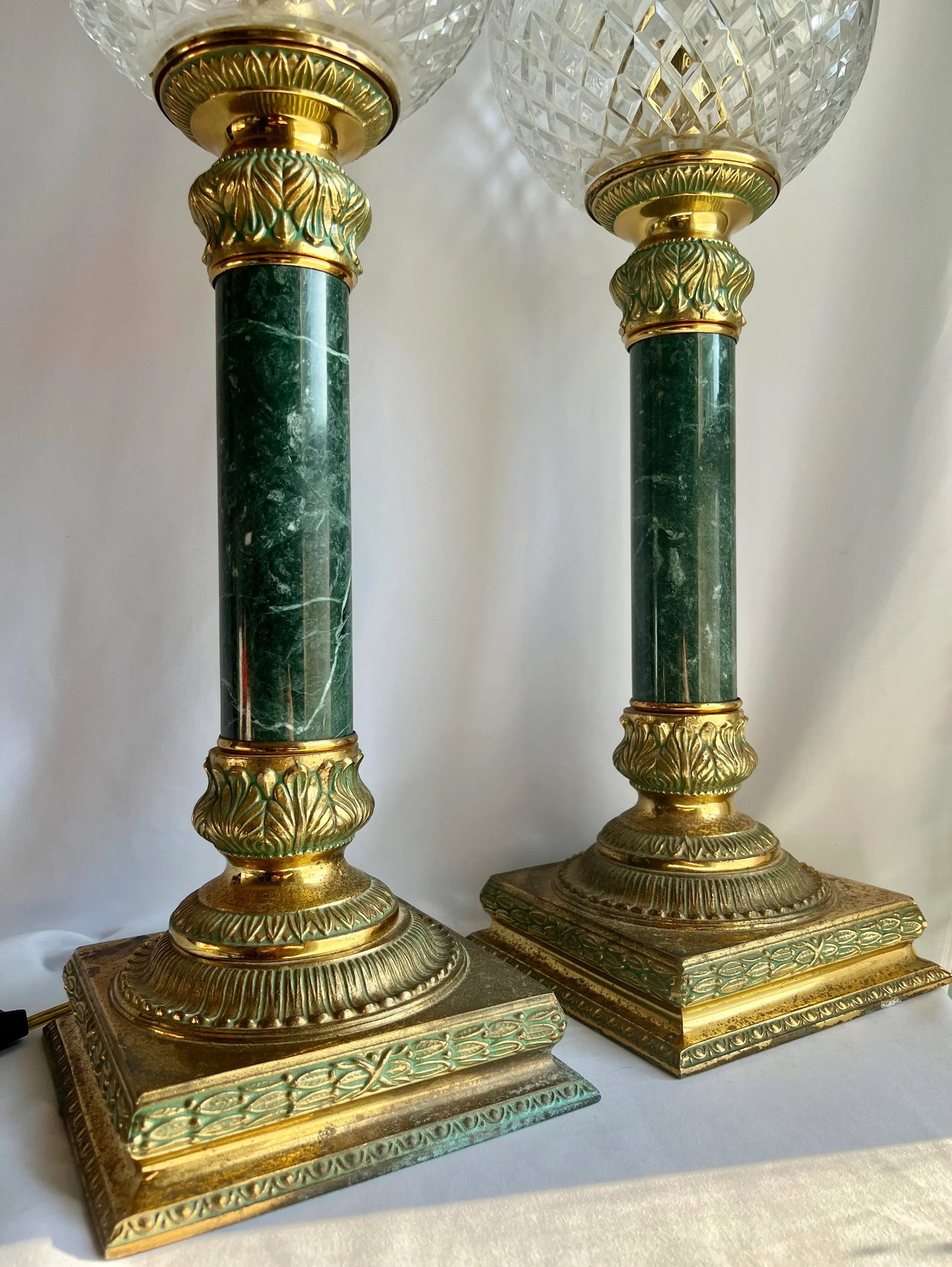 Vintage Art Deco Style Crystal Globe Brass Torch Lamps - a Pair - 10