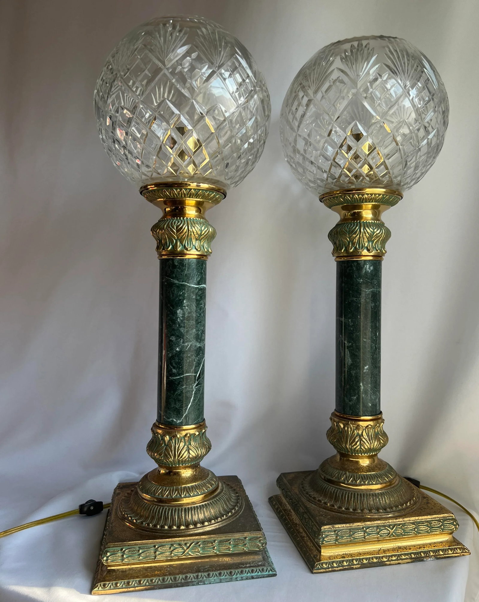 Vintage Art Deco Style Crystal Globe Brass Torch Lamps - a Pair - 11