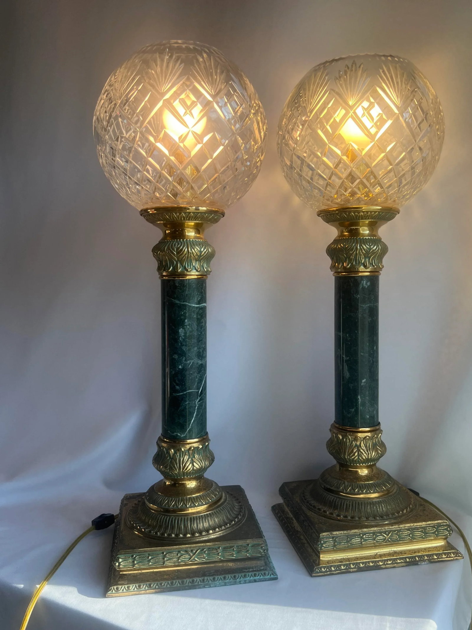 Vintage Art Deco Style Crystal Globe Brass Torch Lamps - a Pair - 12
